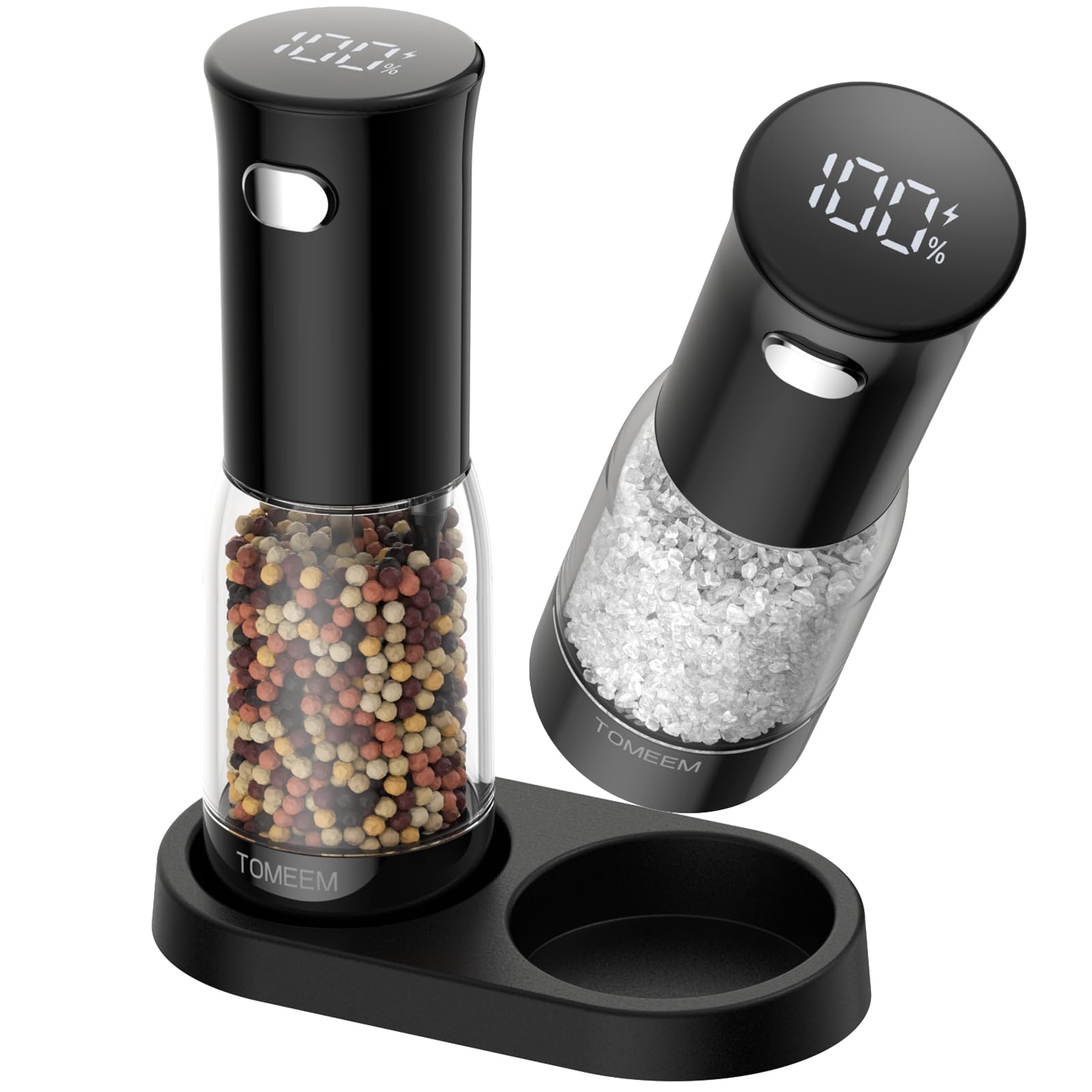 TOMEEM Electric Salt and Pepper Grinder Set - Rechargeable with LED Power Indicator, 5-Level Adjustable Grinding, LED Light, 4.5 oz Large Capacity Salt and Pepper Shakers with Storage Base-Black