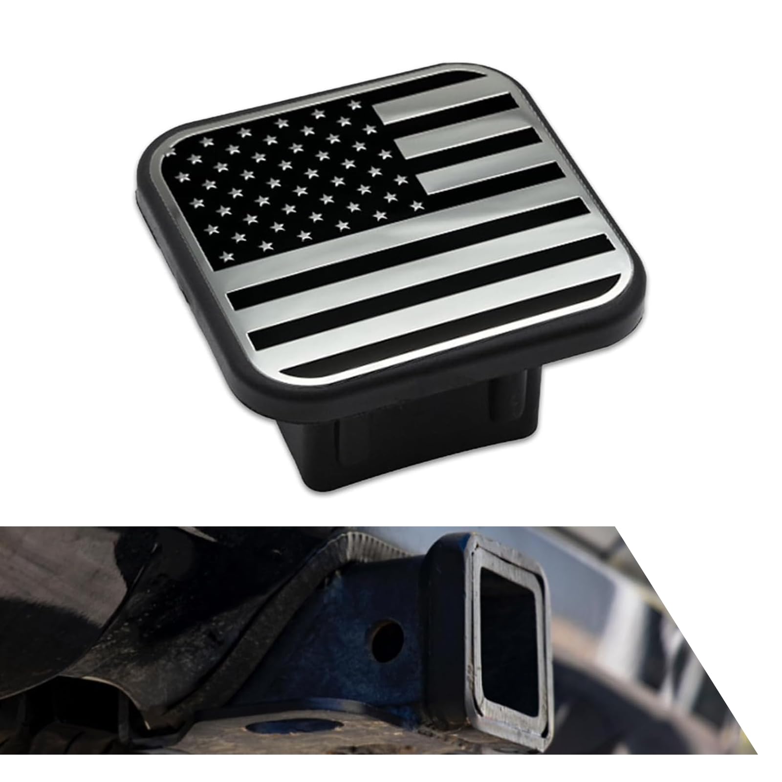 Pack-1 Trailer Hook Dust Plug, 2" American Flag Waterproof Rubber Protective Cover, Hitch Plug with Anti-Falling Card Slot, Universal Keep Tow Port Clean Accessory for Car (Silver & Black)