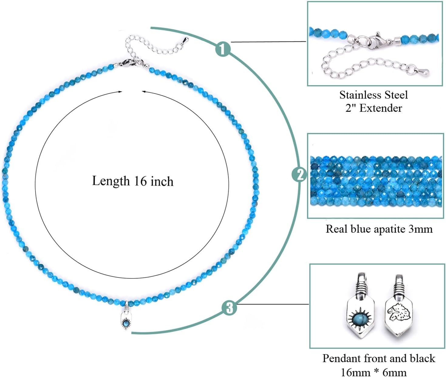 3mm Gemstone Beaded Necklaces for Women Dainty Boho Choker Turquoise Shield Pendant Necklace - Image 5