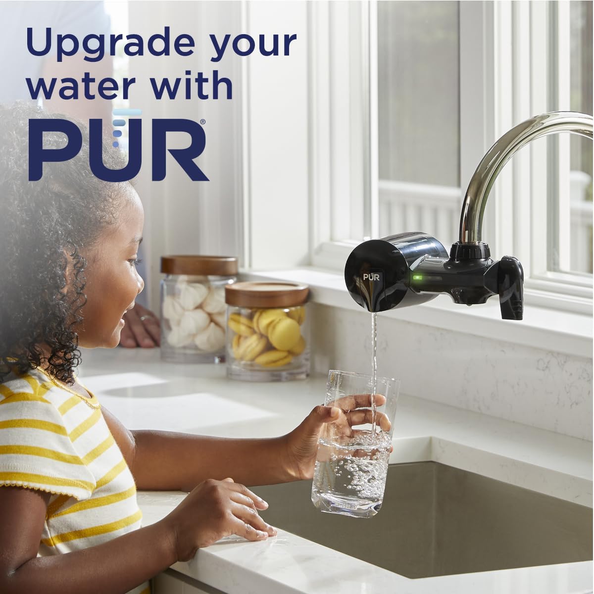 PUR Horizontal Faucet Mount Water Filtration System with Lead Reducing Filter for Cleaner, Filtered Tap Water, Lasts 100 Gallons, Sink Water Filter, Fits Most Kitchen or Bathroom Faucets, Black