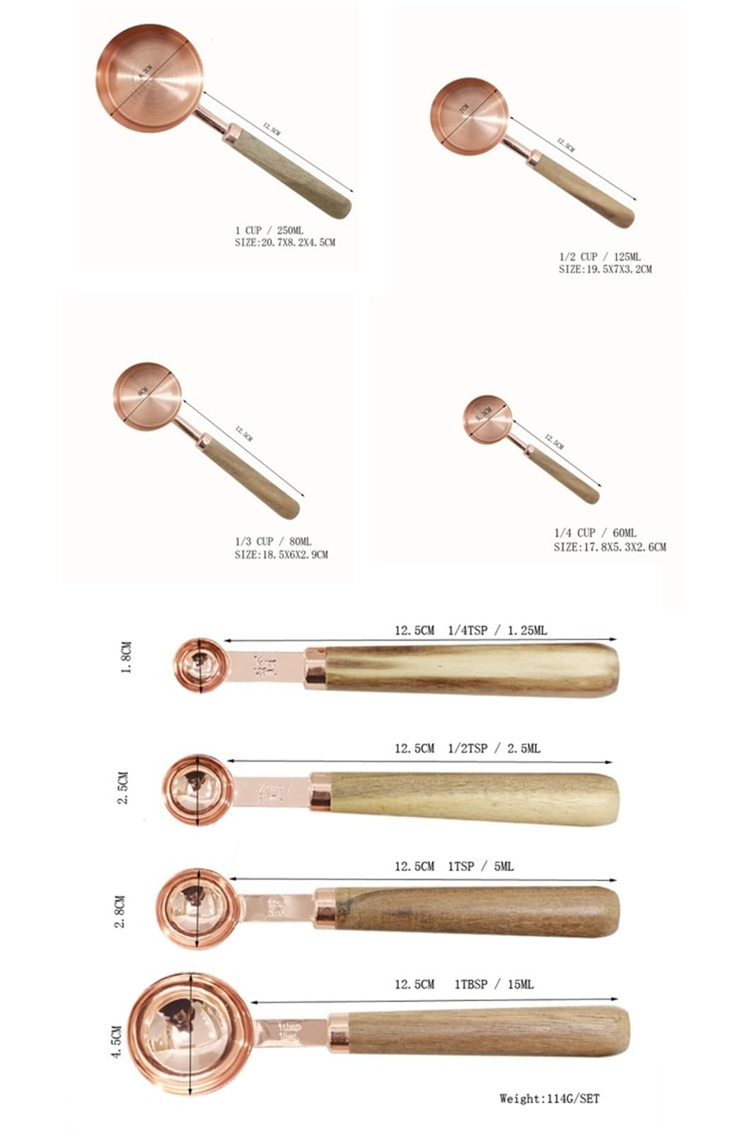 Juego de 8 tazas medidoras for hornear, cucharas oro rosa para Medir Líquidos y Sólidos
