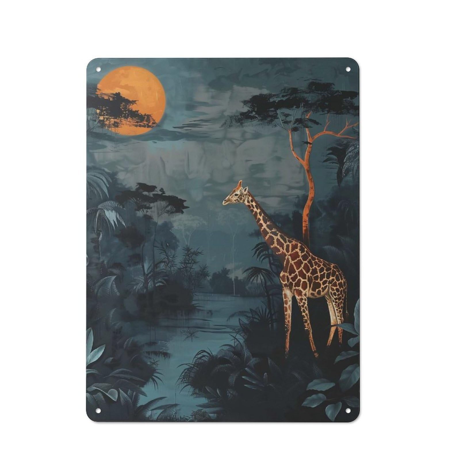 Junmoney Giraffe Under A Full Moon Rustic Metal Sign 40X30cm For Man Cave Or Games Room, For Vintage Wall Decor Fans, For Garage And Workshop Walls
