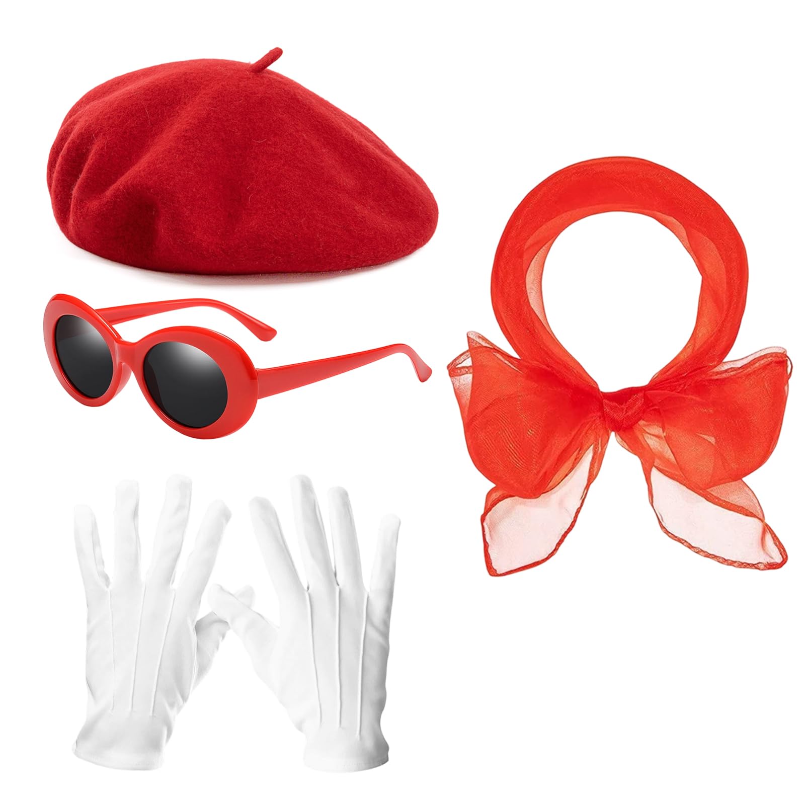 FQAKTB 4 Piece French Women Set, French Costume Kit for Women, Artist Mime Kit with Red Wool Beret Hat, Neck Scarf, Retro Sunglasses and White Gloves, for Woman Cosplay Party Supplies