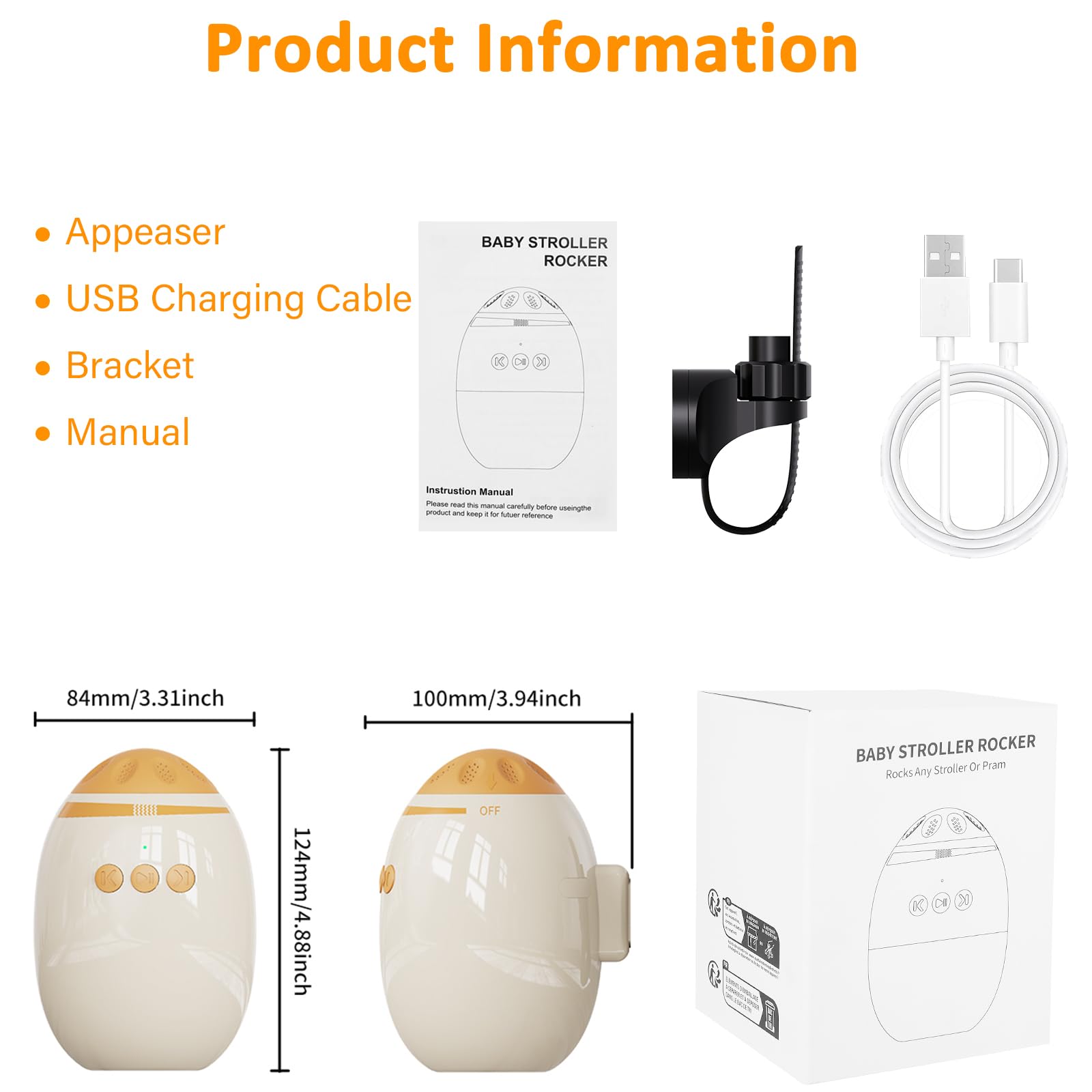Rocker Rechargeable avec 11 Bruit Blanc, Aide au Sommeil avec Intensités de Balancement Réglables, Minuterie 40 Min, Charge USB-C, Universel Pour Poussette Et Landaus, Berceur Automatique