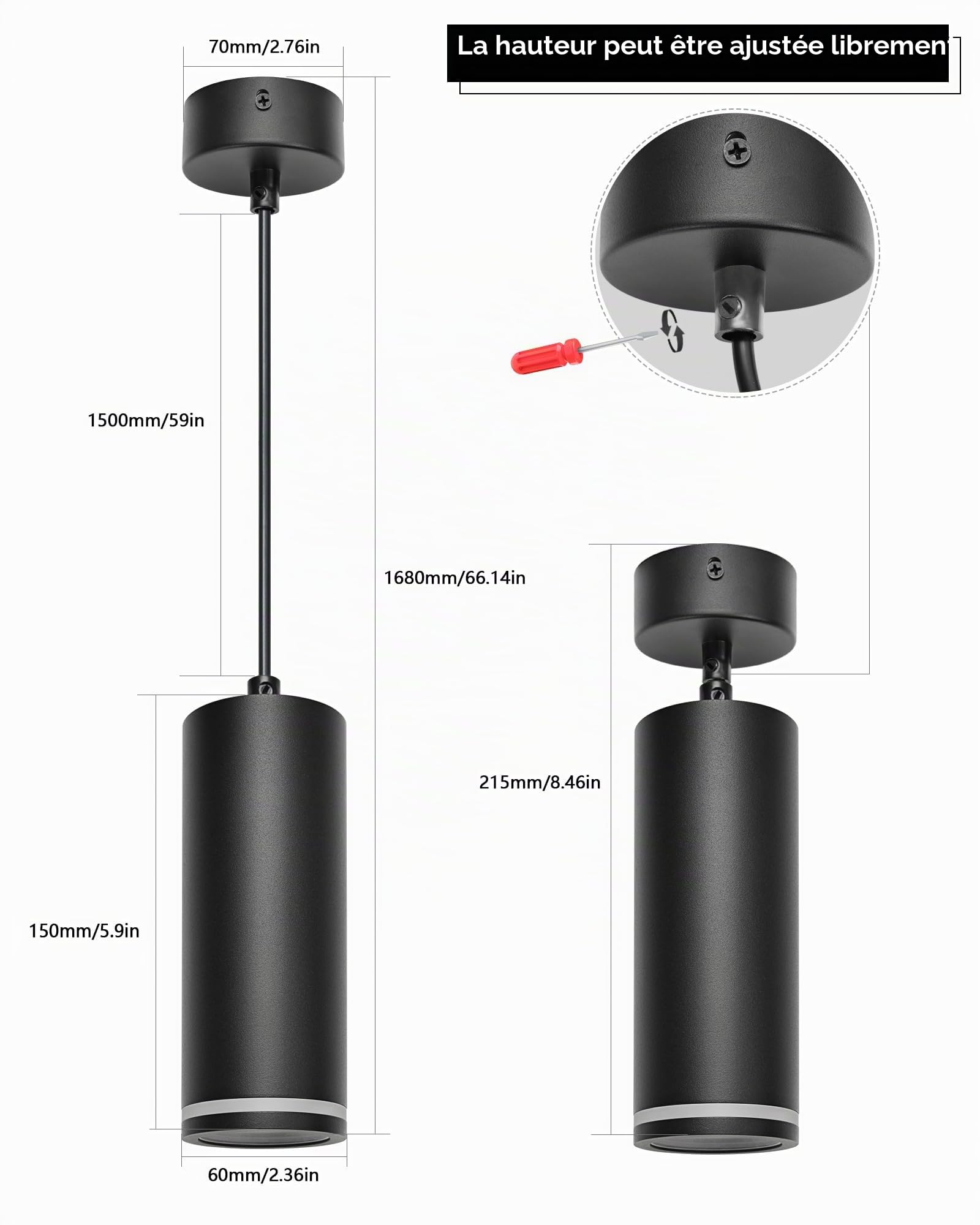 Suspension Luminaire Noir 15cm, Lustre LED Cylindre Simple Moderne, Câble Réglable, Luminaire Plafonnier avec Douille GU10 pour Cuisine Salon Chambre Restaurant Bar (sans ampoule), 2 Pack
