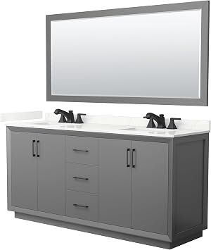 Wyndham Collection Strada 72 Inch Double Bathroom Vanity in Dark Gray, Giotto Quartz Countertop, Undermount Square Sink 3-Hole, Matte Black Trim, 70 Inch Mirror