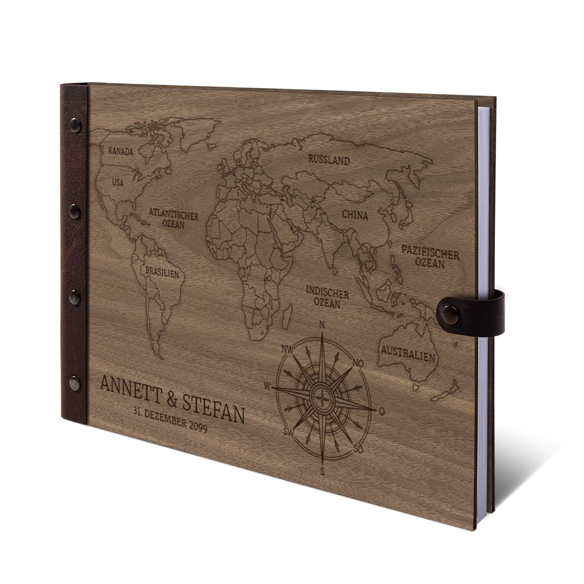 Gästebuch Okoume Holz Gravur individuell Holzcover mit Echtleder Rücken 72 Blatt | 144 Seiten A4 quer 302x215mm - Weltkarte