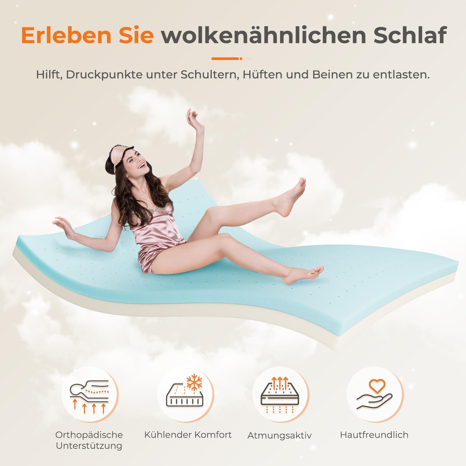 Vesgantti Topper 140x200cm, 10 cm Gel Memory Schaum Matratzentopper H3/H4, Zwei Härtegrade, Oeko-TEX Bezug 60°C waschbar, rutschfest mit Reißverschluss, für Bett & Schlafsofa grau