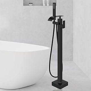 Suguword Black Bathtub Faucet Freestanding Tub Faucet with Hand Sprayer 2 Function Floor Mounted Tub Faucet Bathtub Mixer Tap Shower System with Waterfall and Rainfall Spout Bathroom Bathtub Faucets