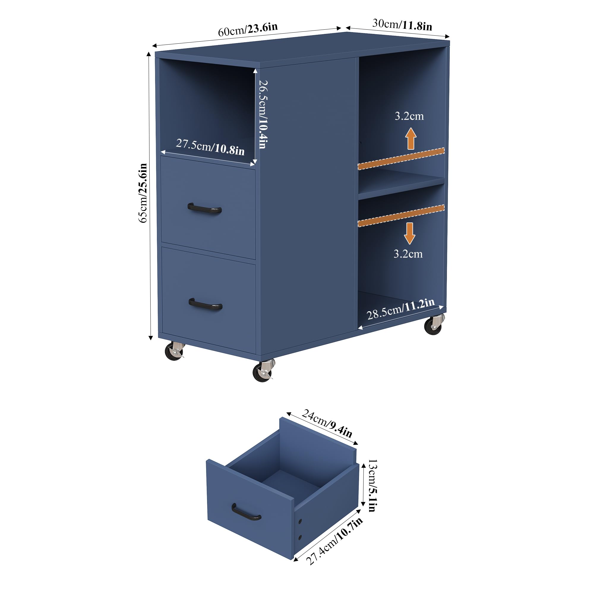 HOCSOK Cajonera con ruedas con estante ajustable, color azul