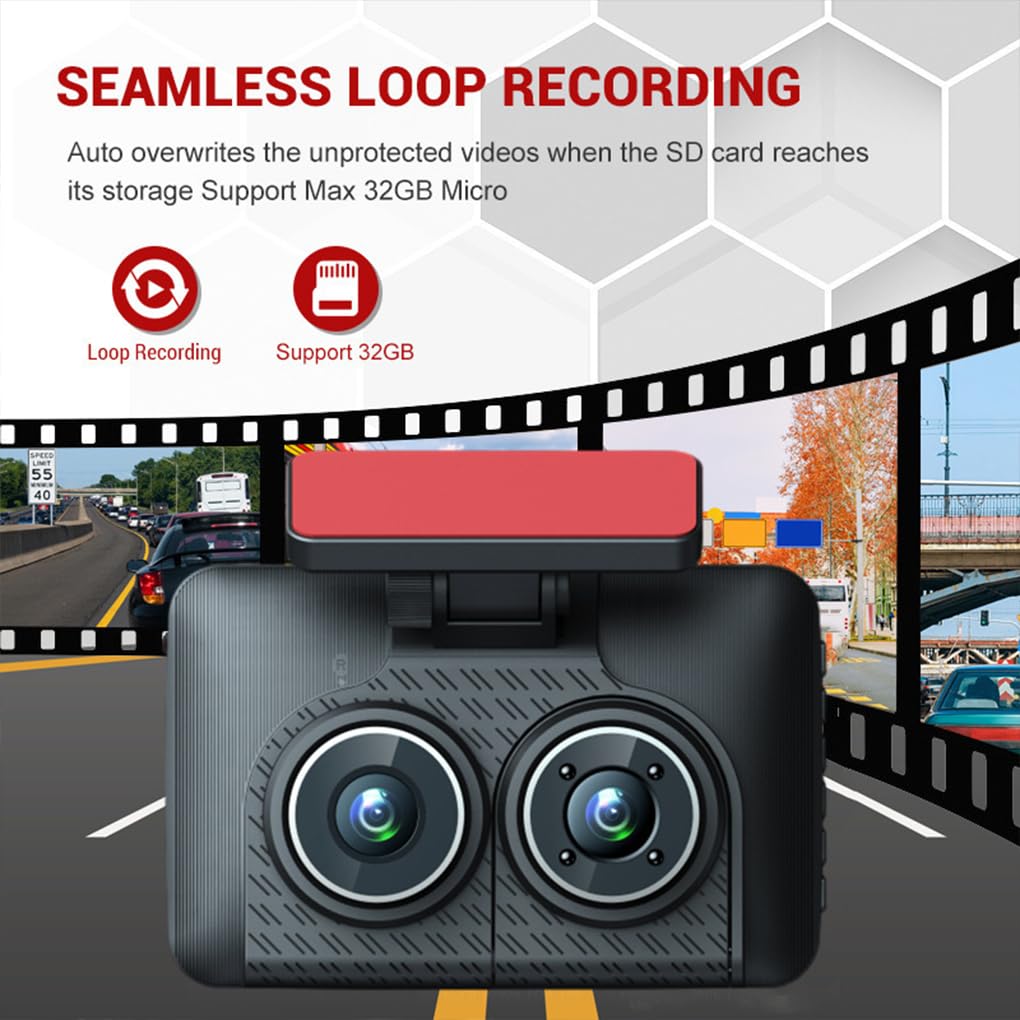 Dashcam per auto con 3 lenti e 3 Per canali, anteriore e posteriore, registrazione video HD 1080P, sensore G per parcheggio, registrazione in loop,