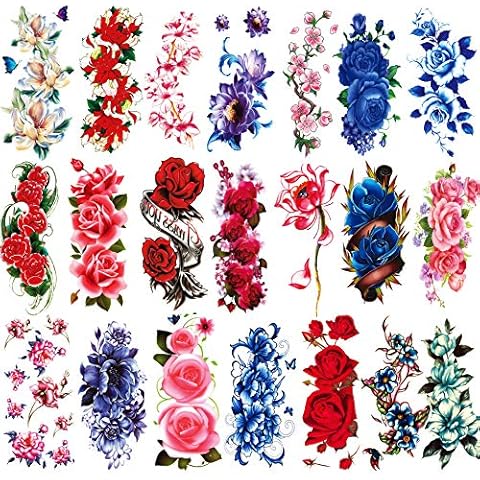 Kotbs 21 Sheets Sexy Flower Temporary Tattoos for Women, Waterproof 3D Bright Flora Tattoo Stickers for Girls, Rose, Peach Blossom, Chrysanthemum Various Tattoo Flower Temporary Fake Tattoos Cover