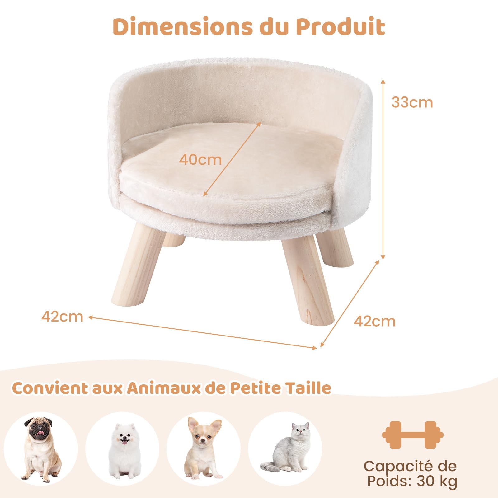 COSTWAY Canapé Lit pour Chien Chat Charge 30 kg, 4 Pieds en Bois de Pin, Coussin Amovible, Panier pour Chien Chat Petits, Dossier Haut, Installation Facile, 42 x 42 x 33 cm, Beige