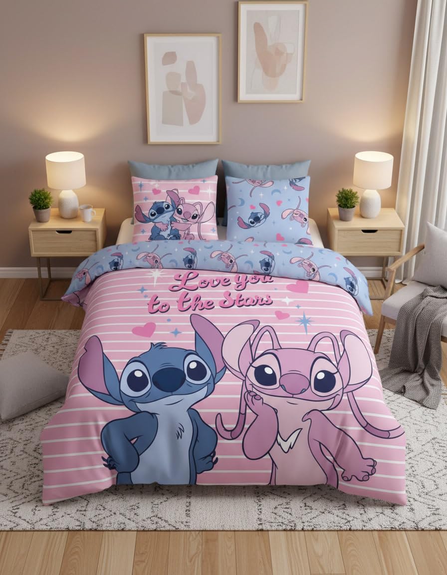 Stitch Angel Love Stars Funda Nórdica Cama 150 240x220 + 2 Fundas Almohada | Ropa de cama 2 personas reversible | Polialgodón secado rápido Oeko-Tex | Disney | Botones | Regalo pareja | Idea regalo