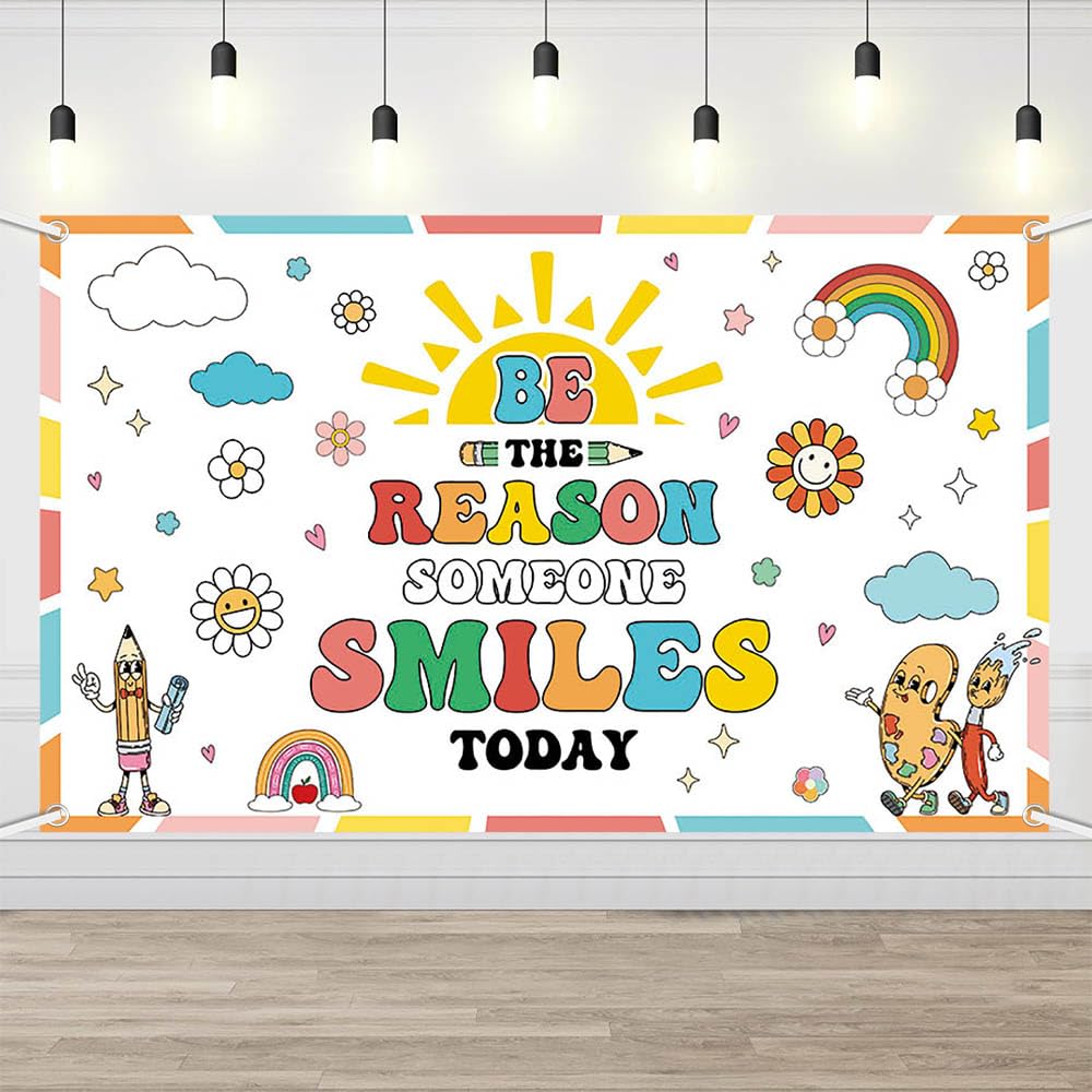 AIBIIN Boho Rainbow Back to School Backdrop Be The Reason Someone Smiles Today Classroom Decorations Colorful Classroom Decorations for Kindergarten