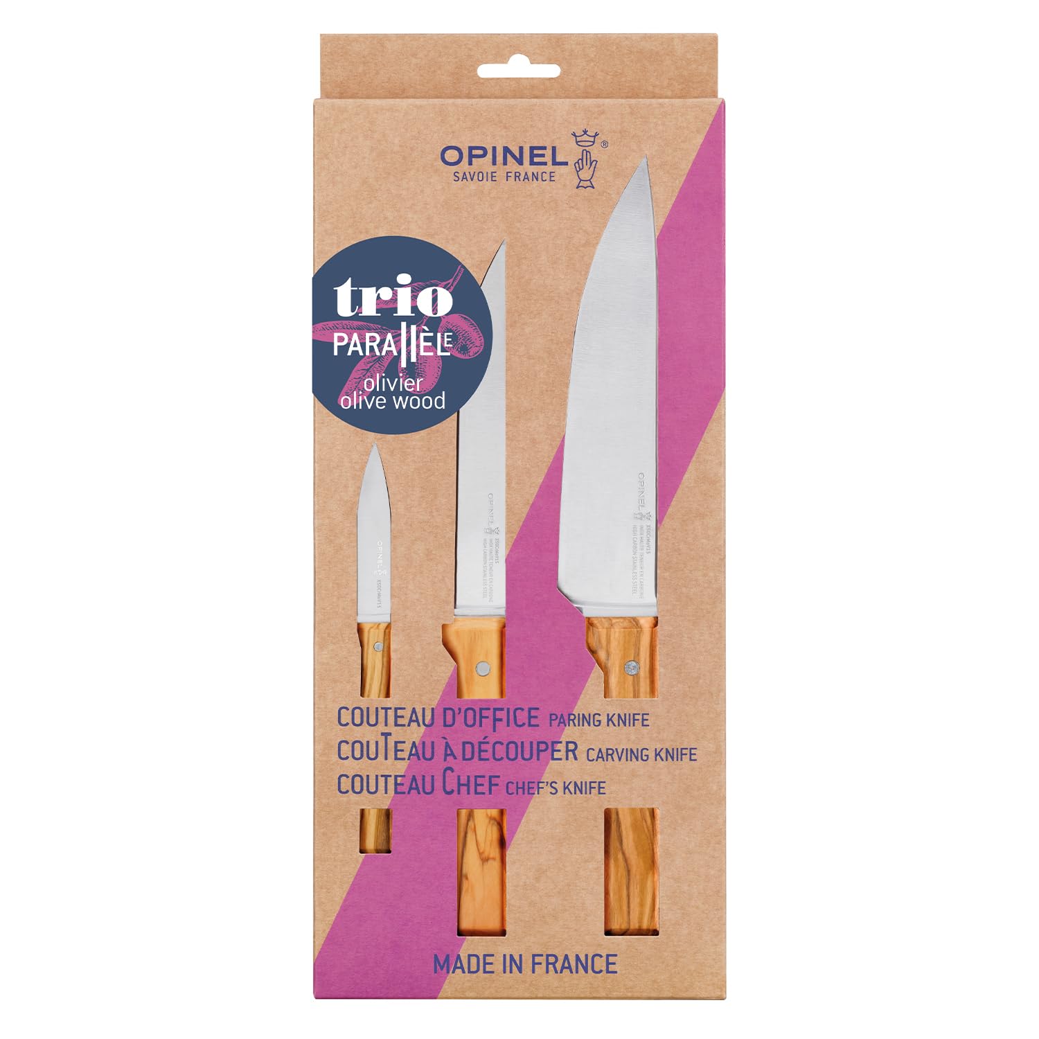 Opinel Parallel Trio Olivier /2 Kochmesser Set aus 3 Chefmessern mit Edelstahlklinge und Buchenholzgriffen