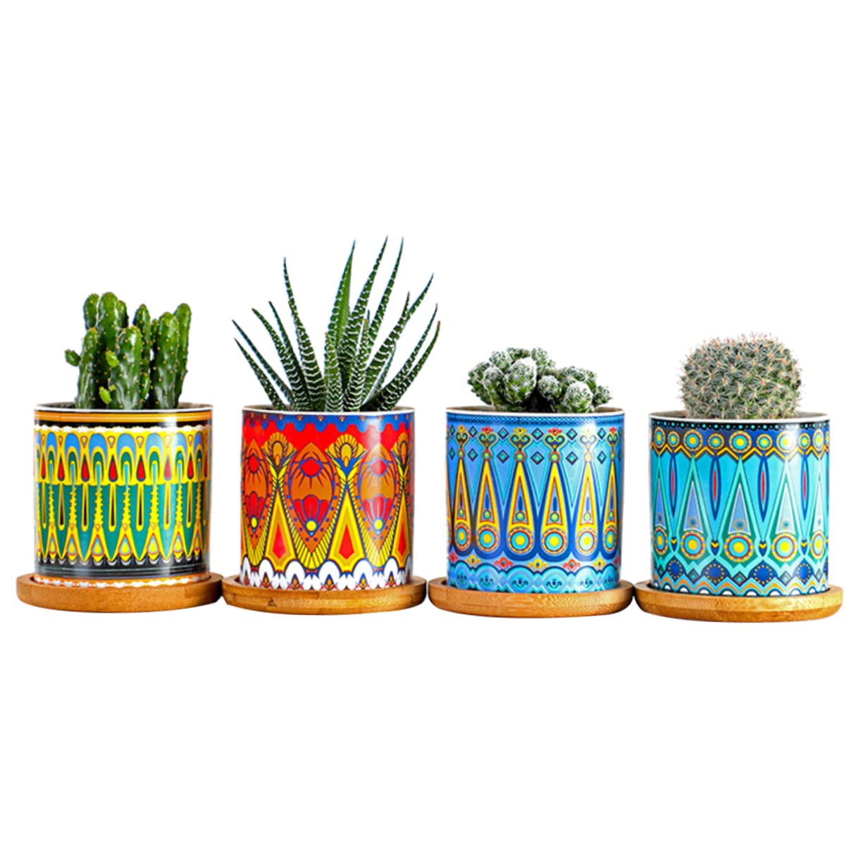 Yardwe Set 8 Pezzi Vasi Succulenti Cilindrici in Ceramica Motivo Mandala, Mini Vaso di Fiori per Piante Grasse, Ornamento per Casa e Ufficio 4 Supporti in Bambù Colorati