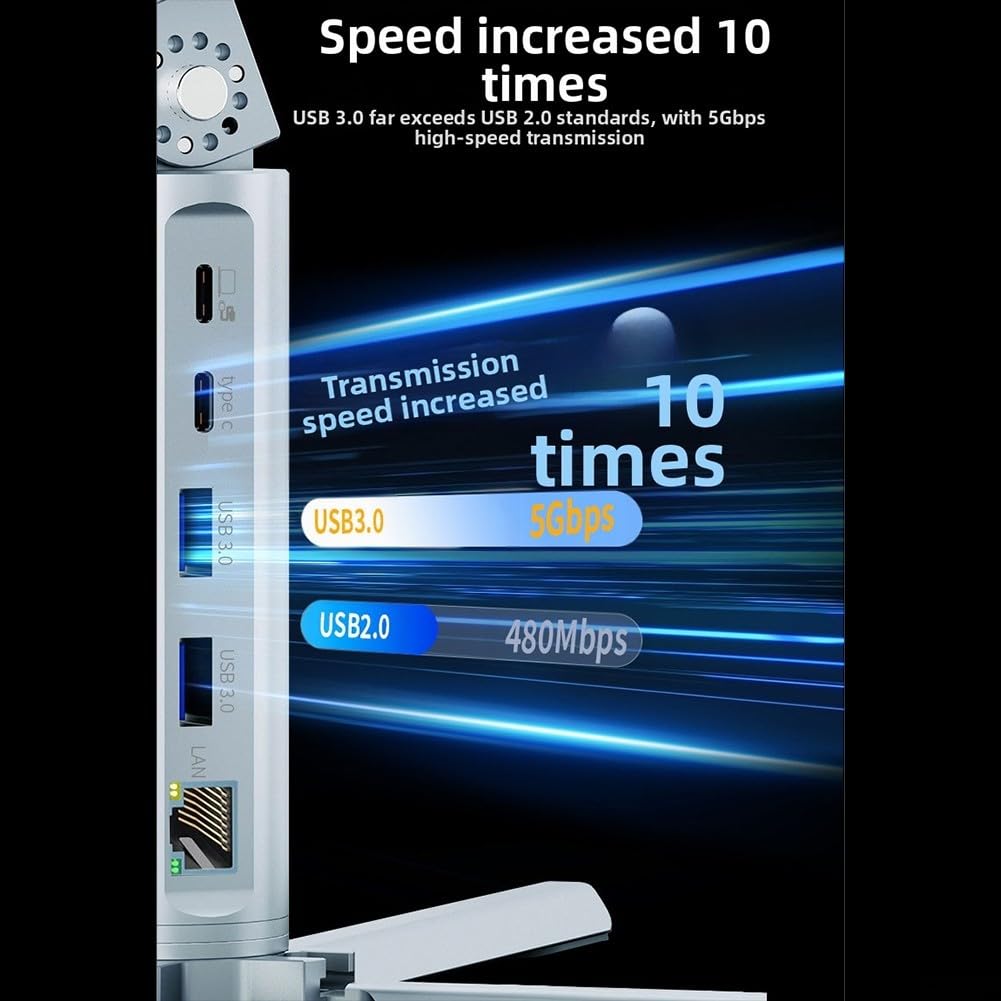 Docking station con hub USB C a 10 porte con supporto per computer portatile, base girevole a 360°, supporto per doppio monitor, porta Ethernet, trasferimento dati ad alta velocità, per ufficio e casa