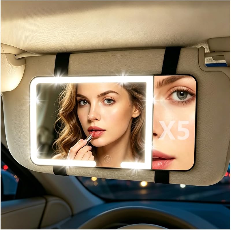 Espelho de Maquiagem para Carro SPGICRM com LED, Controle Touch e Aumento de 5X – Preto
