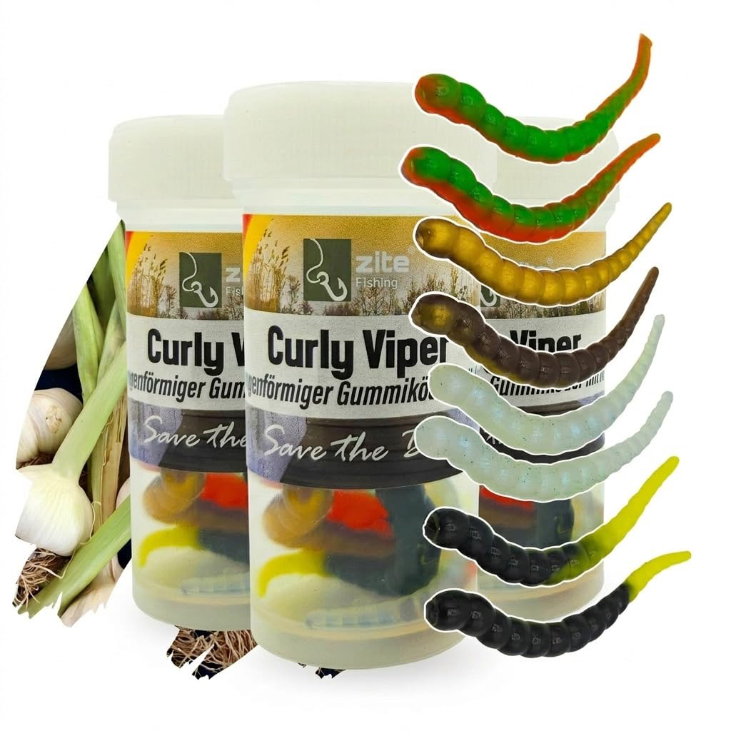 Zite Fishing Curly Viper - Esca per trote, in gomma, 8 pezzi, 6,5 cm, forma di serpente, per trote, girevole e senza ftalati e fatti a mano
