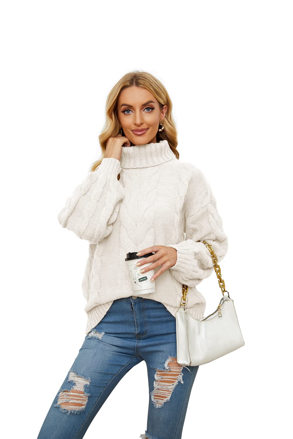 Basicspace Damen Winter Herbst Solider Rollkragenpullover Stehkragen Lässiger Lockerer Ballon Langarm Strickpullover Zopfmuster Pullover Oberbekleidung
