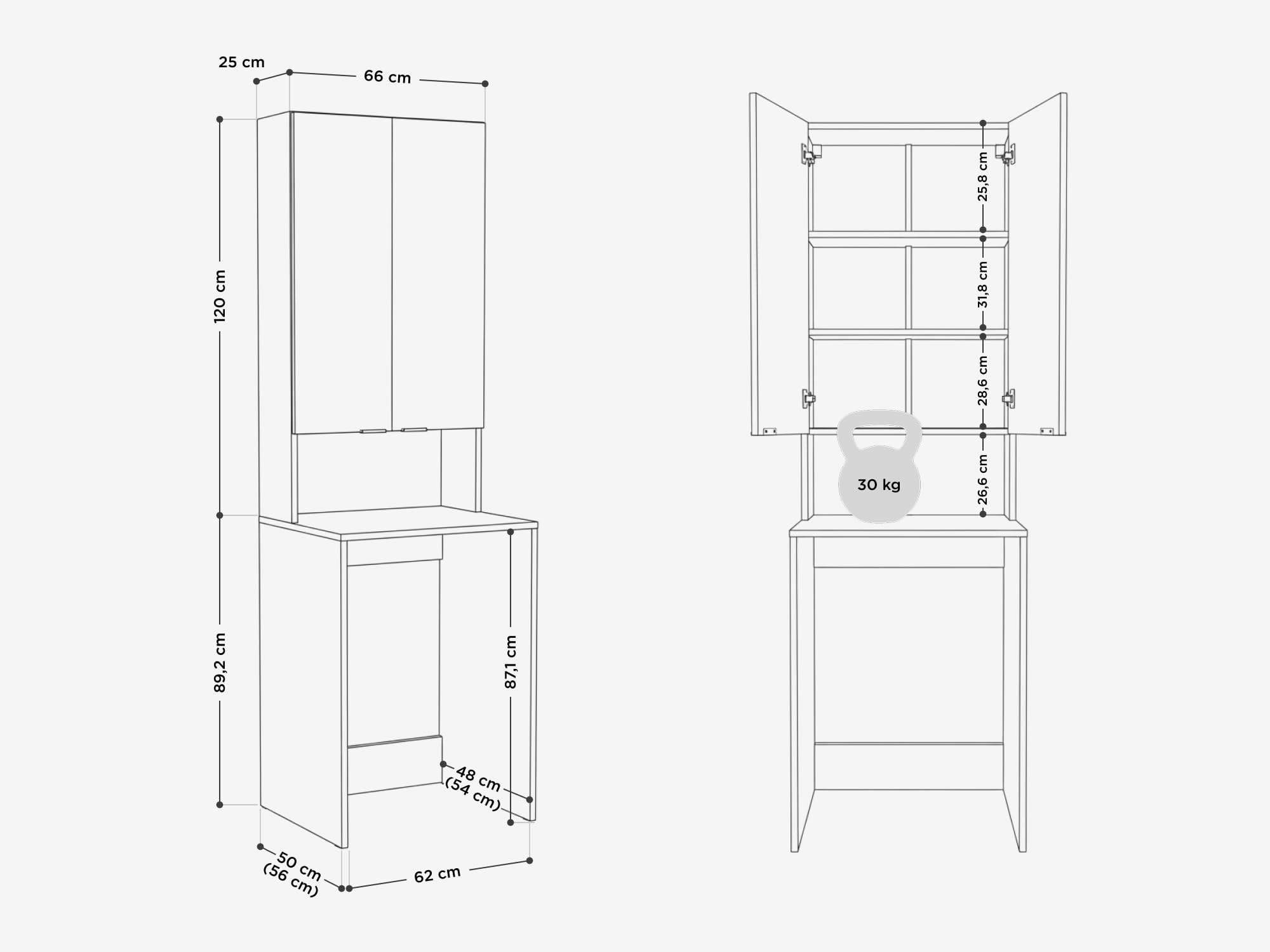 PLATAN ROOM Armadio per lavatrice e asciugatrice, 210 x 66 x 50/56 cm, bianco (cashmere (beige), profondità 56 cm)