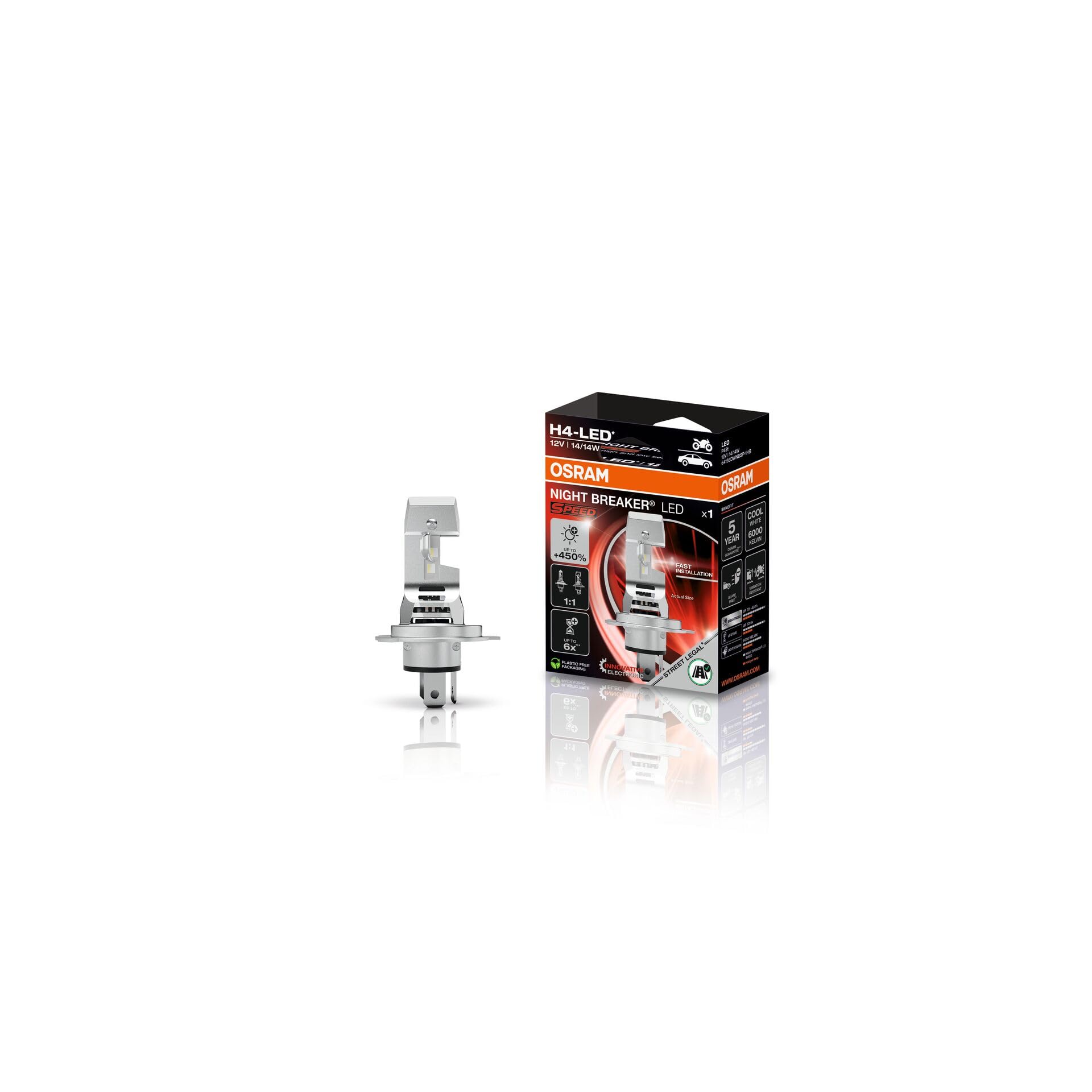 OSRAM NIGHT BREAKER LED SPEED H4 450 para motocicletas, lámparas LED homologadas, hasta un 450% más de luminosidad, 6000K, instalación rápida, LEDEC02 integrado, 1 lámpara