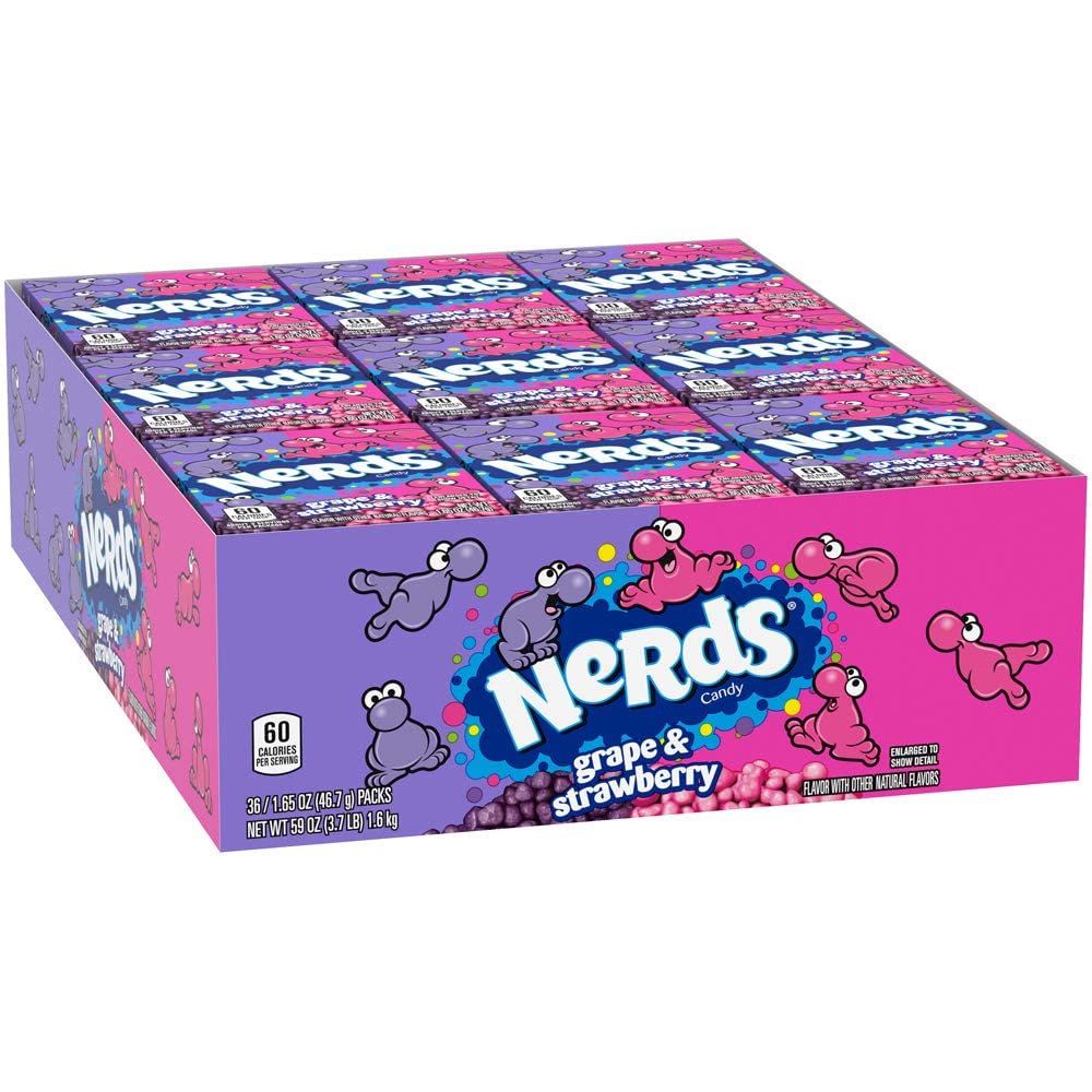 NERDS - Nerds Candy American Sour Candy | Combo perfetto di piccole caramelle al gusto di uva e fragola - Ideale per la condivisione - 36 pacchetti da 46,7 g