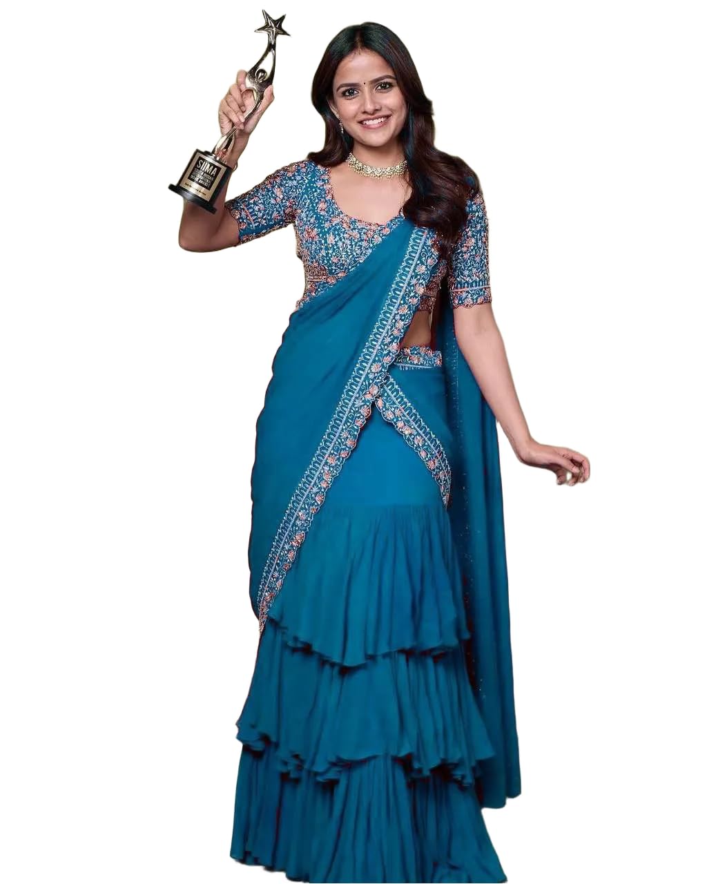Ready To Wear Western Drape Lehenga Choli Set For Women Georgatte Fabric On 3 Layer Rufeel Embrodery Sequance Work Fully Stitched-image-16