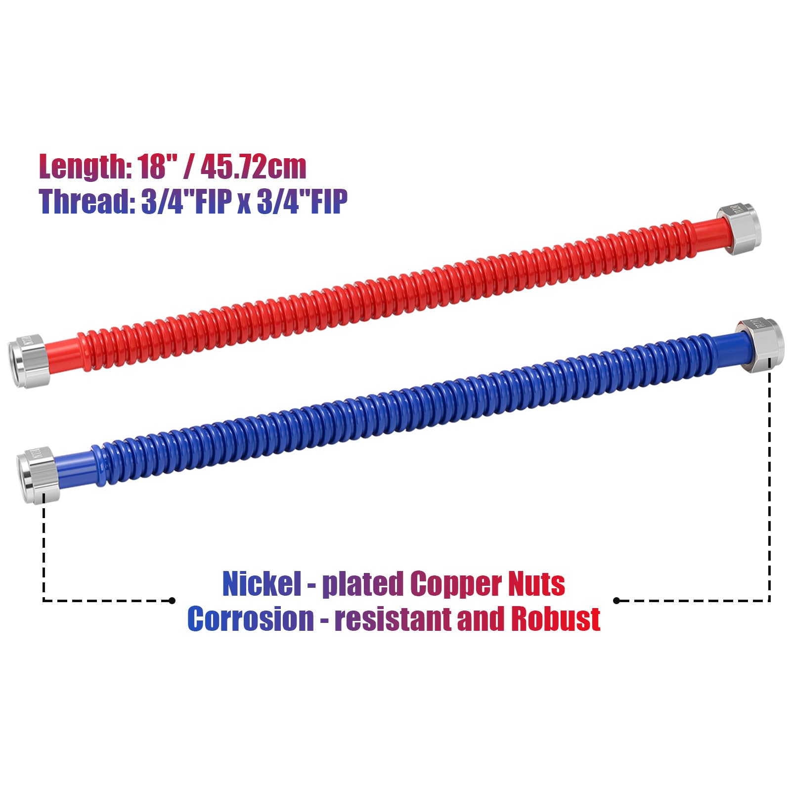 Solimeta 2-Pack 18" Stainless Steel Corrugated Water Heater Connectors – Red & Blue, 3/4" FIP Threads, Copper Nuts, UPC/NSF/CSA Certified