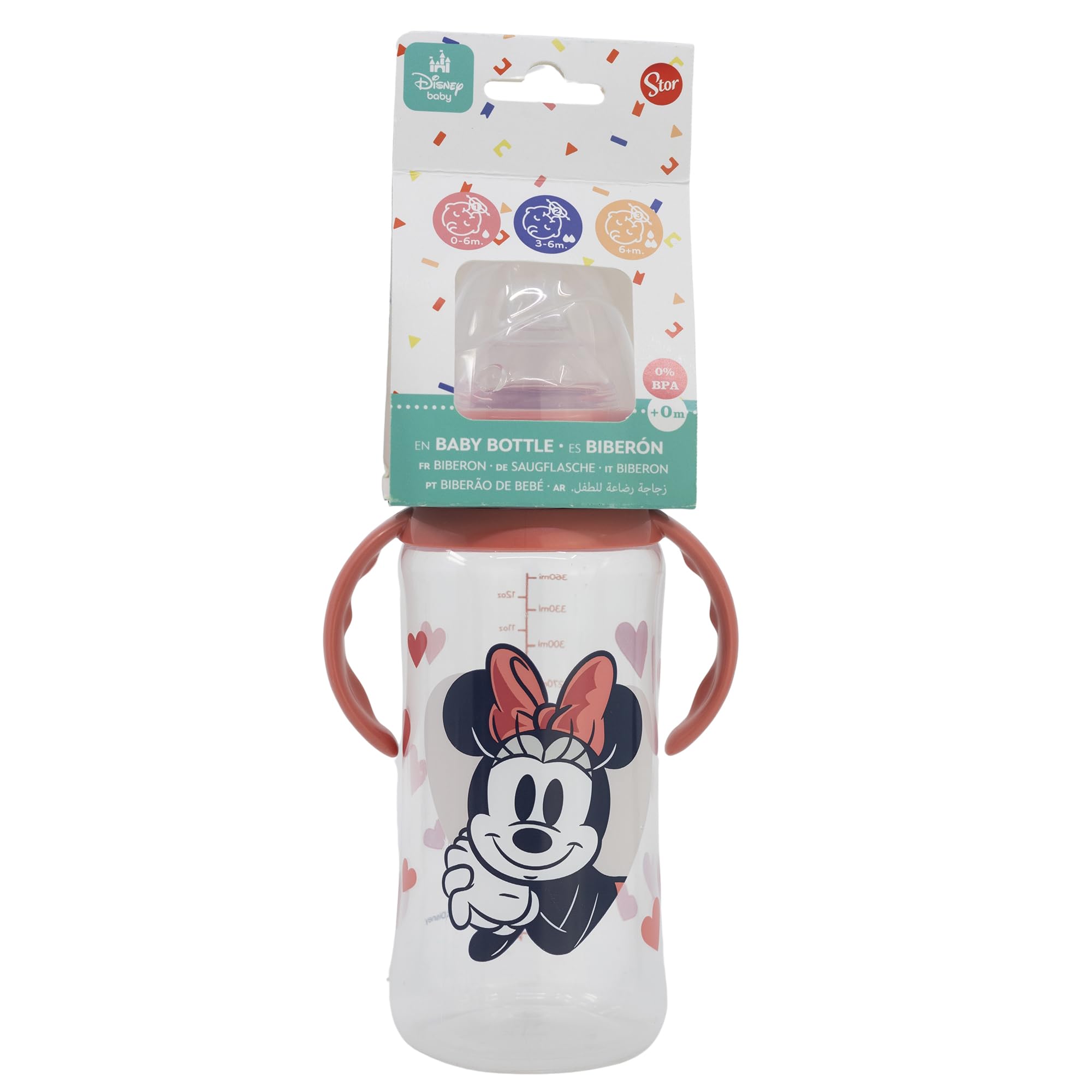 STOR Biberon con Manici Minni 360ml Collo Largo Tettarella Silicone 3 Posizioni Disney Baby Sistema Anti-Coliche Senza BPA 0 Mesi Plus
