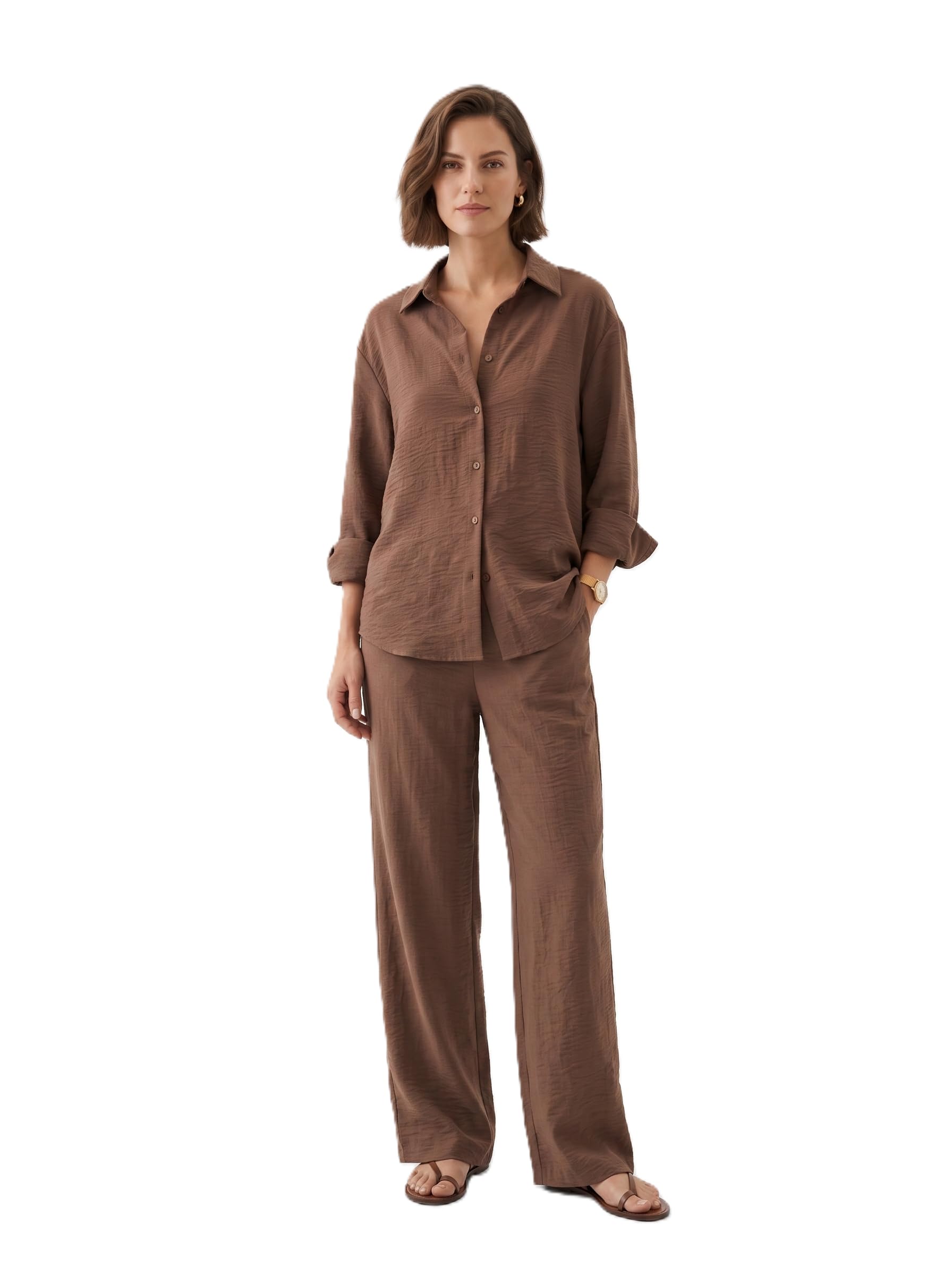 Solid Co Ord Set for Women || Women Shirt and Pant Set || Stylish Co Ord Set with Pockets || Full Sleeves || L Size || Brown-picture-42