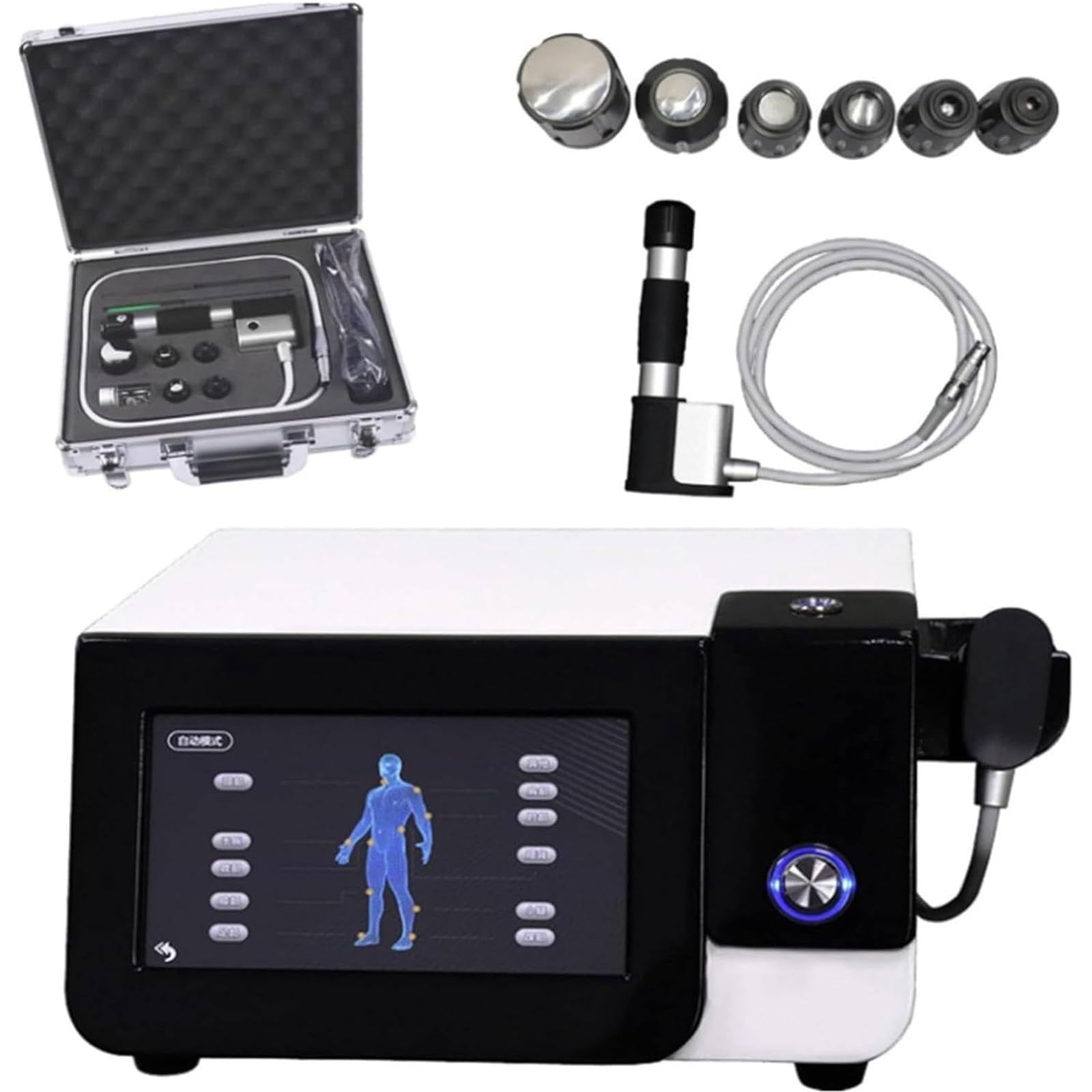 MáQuina Terapia Ondas Choque ED,Masajeador Profesional para Aliviar El Dolor con 6 Cabezales Masaje,para Lesiones Deportivas,Alivio del Dolor Muscular,Lesiones En Las Articulaciones
