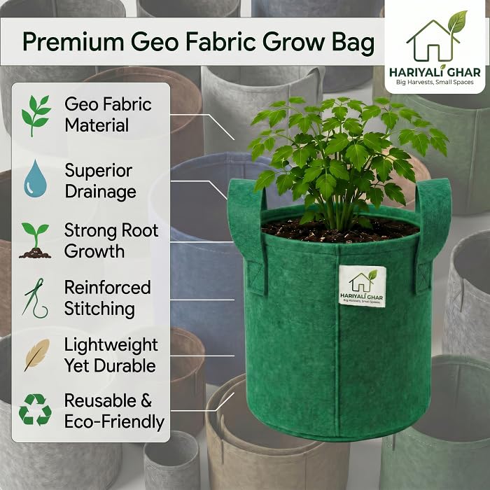 Image of 400 GSM Geo Fabric Round Grow Bags 15x15 Inch with Handle, Green Planting Bags for Terrace and Kitchen Gardening Pack of 10
