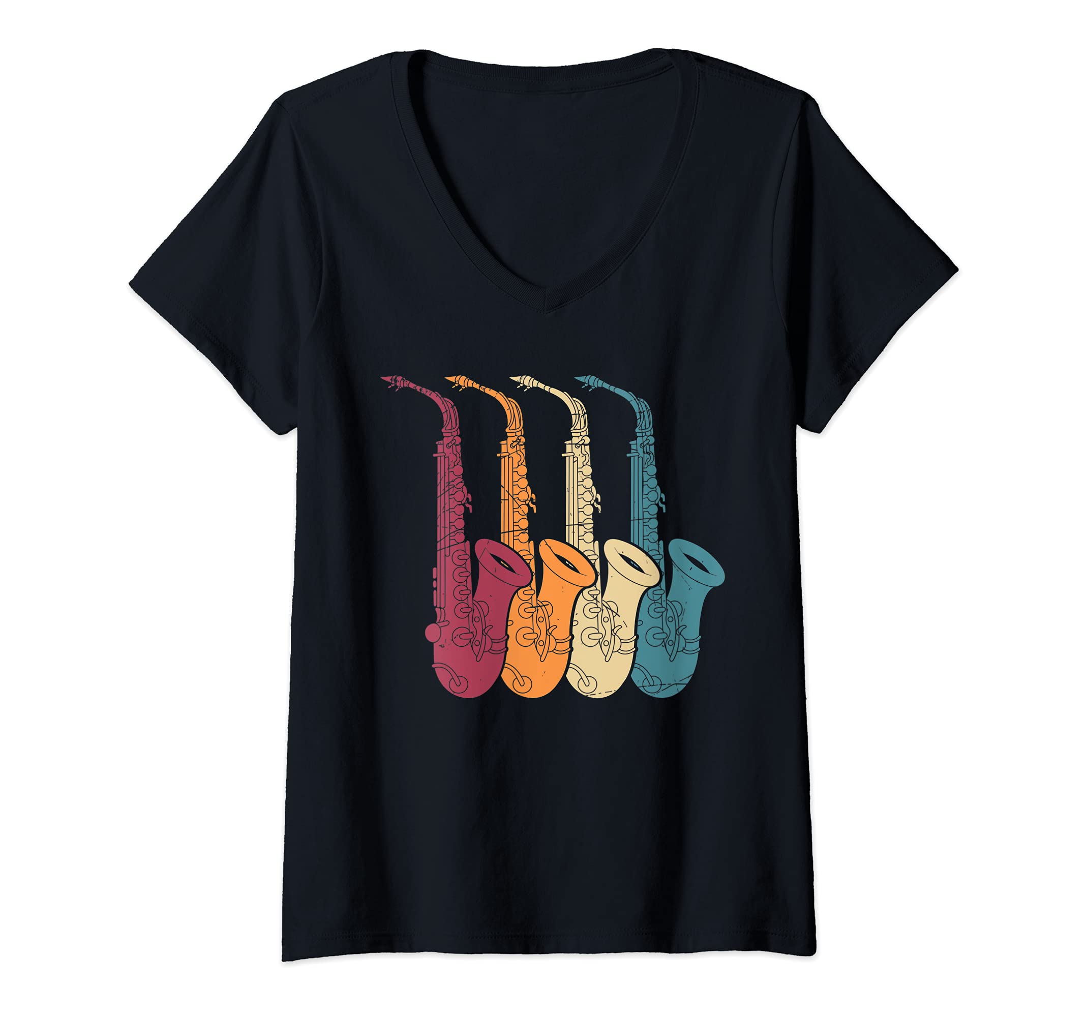 Womens Saxophonist Jazz Musician Sax Player Retro Saxophone V-Neck T-Shirt, Black