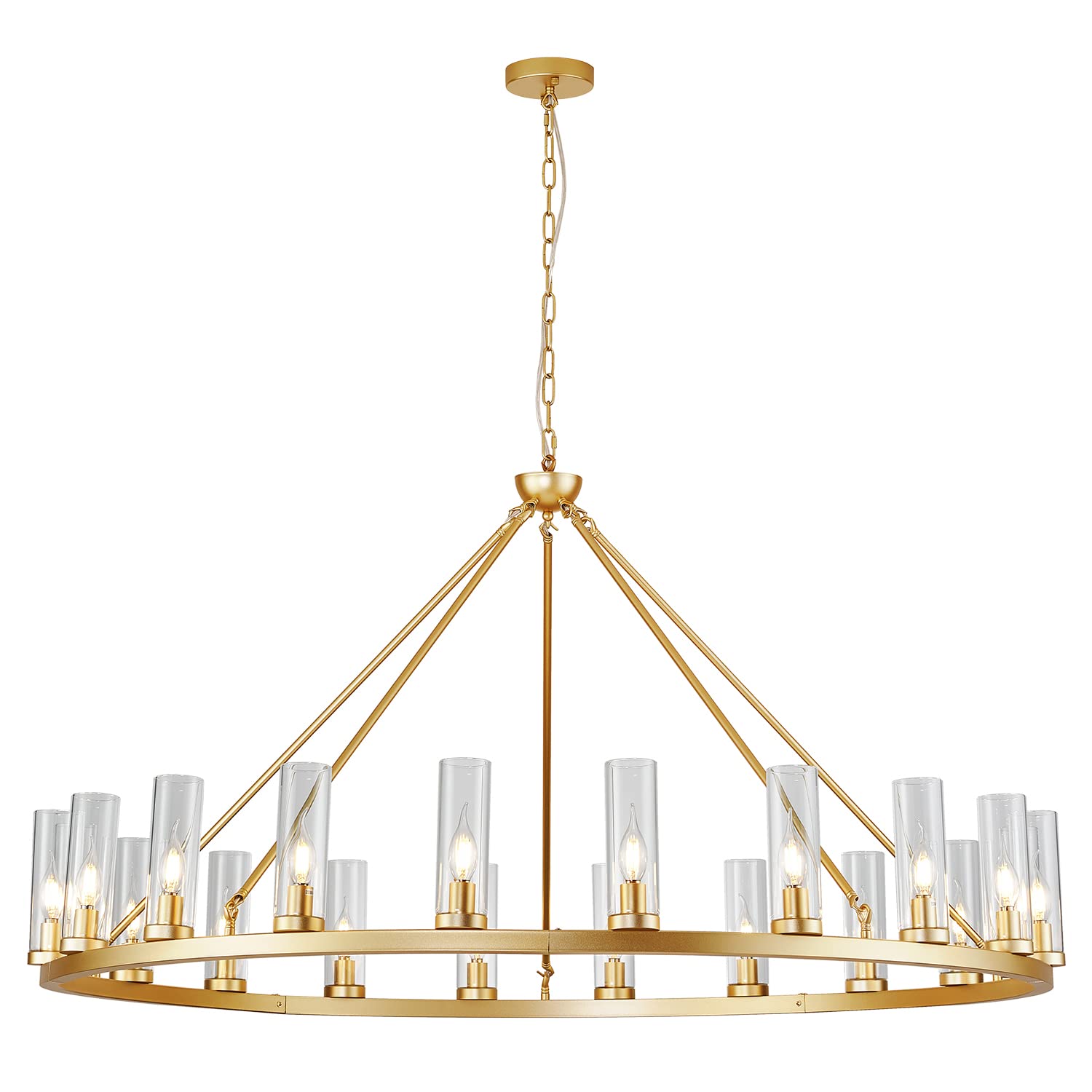 Uboxin D52 Large Gold Wagon Wheel Chandelier 20 Light with Clean Glass , Farmhouse Vintage Industrial Country Style Round Pendant Light Fixture for Stair Living Room(52in-20 Light)