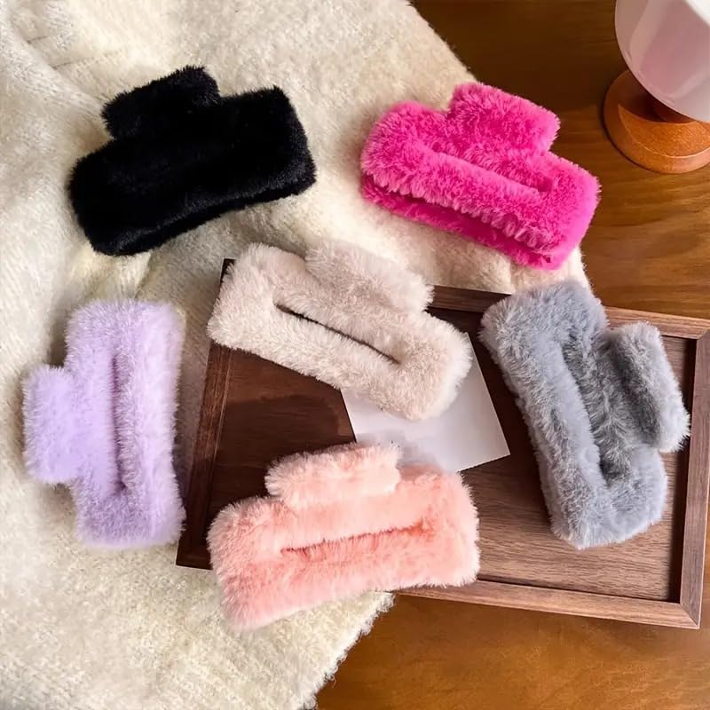 Luxurious 5pcs Fur Clutchers For Women & Girls | Claw Clip Set For Women- Furry Clutcher For Hair | Long Fur Hair Clips (Random Color)-image-20