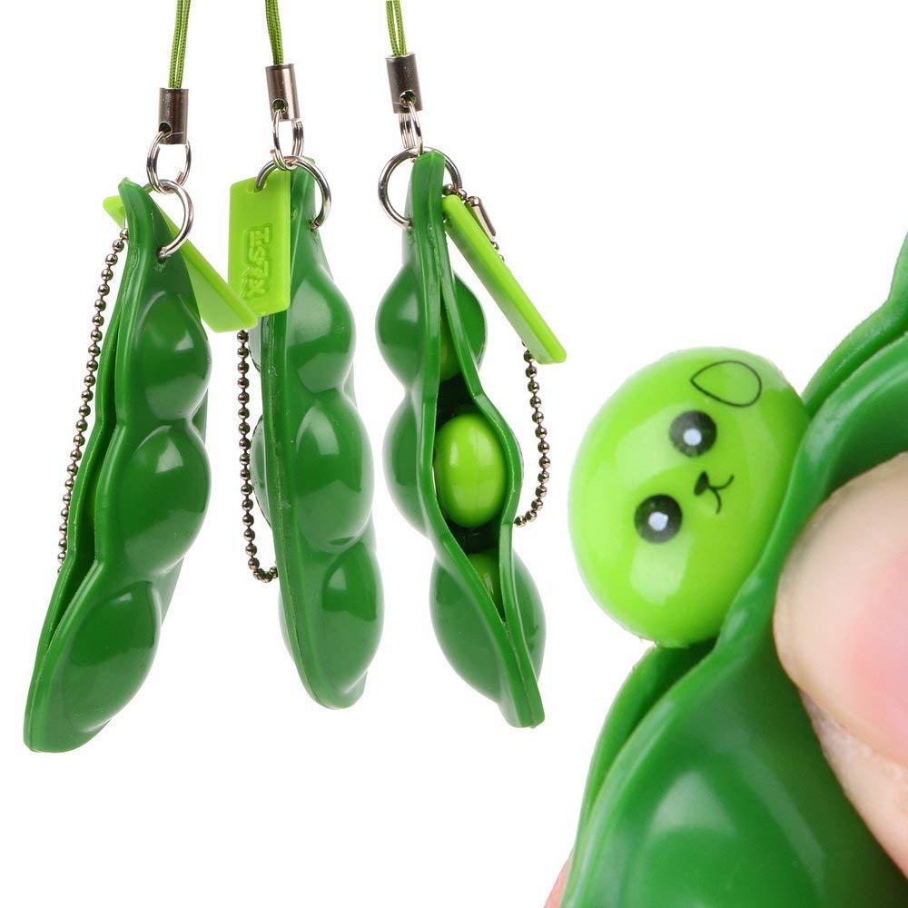 TECHVIDA 3 Pcs Fidget Toy Set, Squeeze-a-Bean Soybean Stress Relieving Playful Charms Extrusion Edamame Pea Keychain for Mobile Phones and Keys - Green