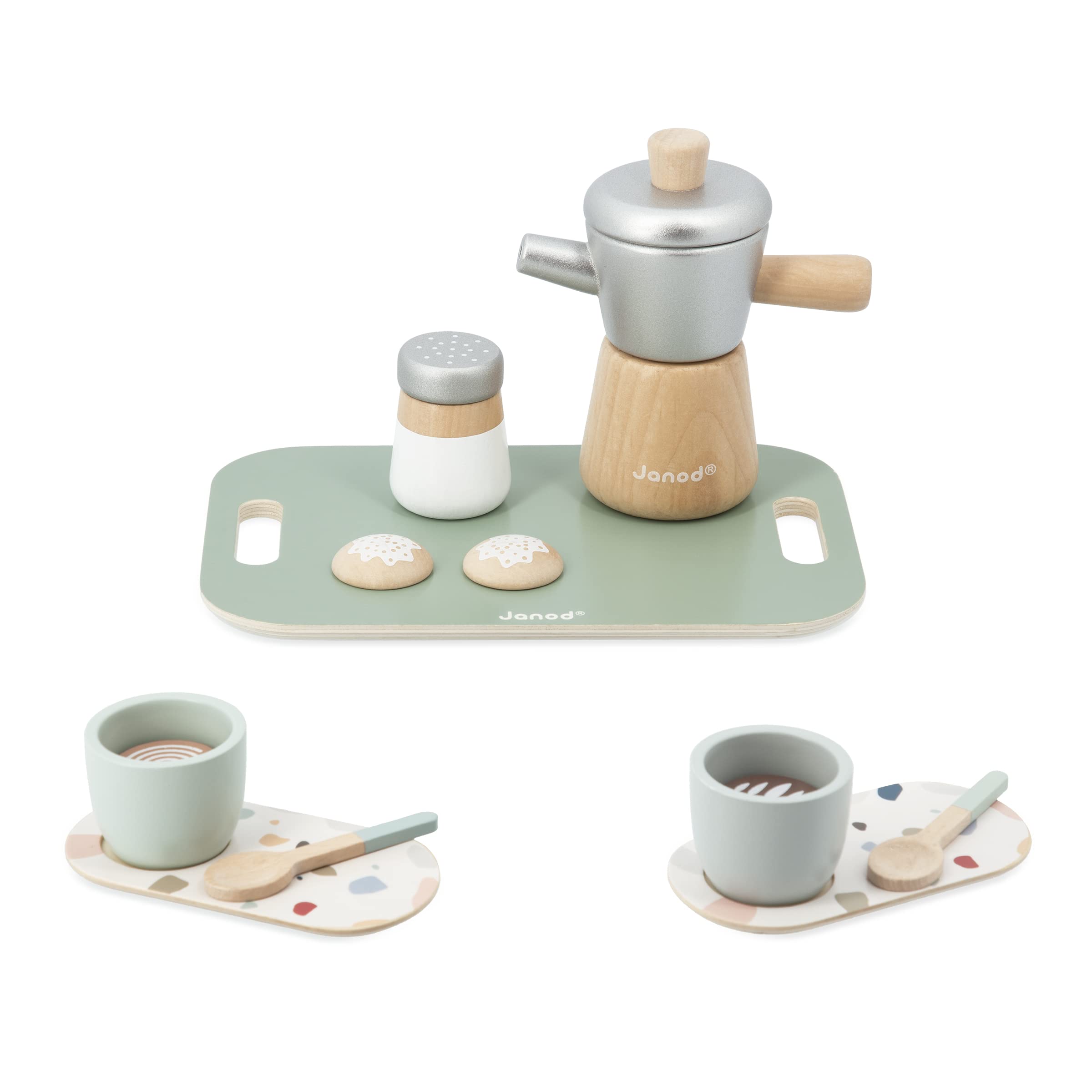 Janod - caffè all'Italiana - 13 Accessori Legno FSC - Giocattolo di Imitazione - Servizio da caffè Bambini - Gioco in Legno FSC - dai 24 Mesi, J06630