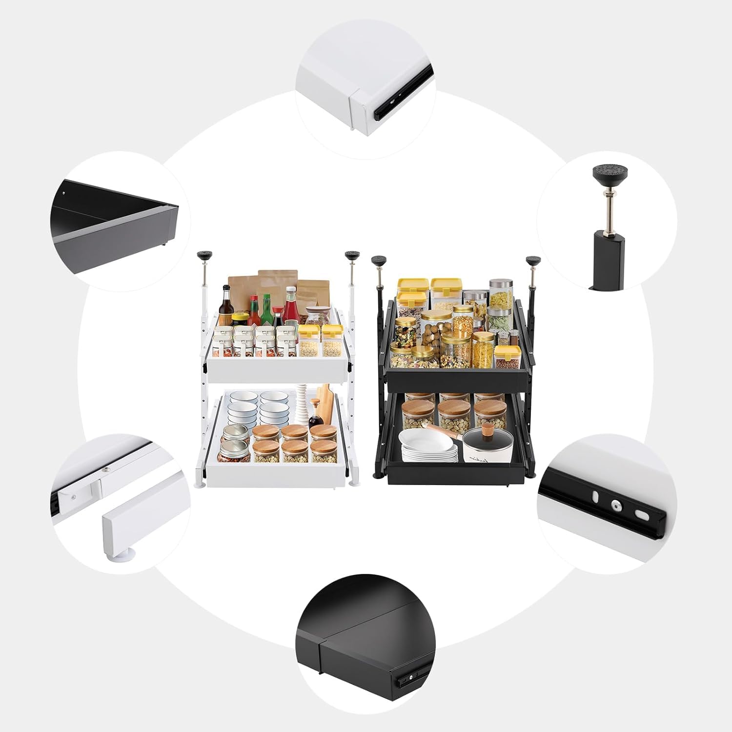 Organizzatore A Cassetti Estraibili A 2 Livelli Espandibili - profondità 53 Cm (21 Pollici) - Soluzione di Stoccaggio per Mobili da Cucina, Dispensa, Bagno E Scaffali di Casa.