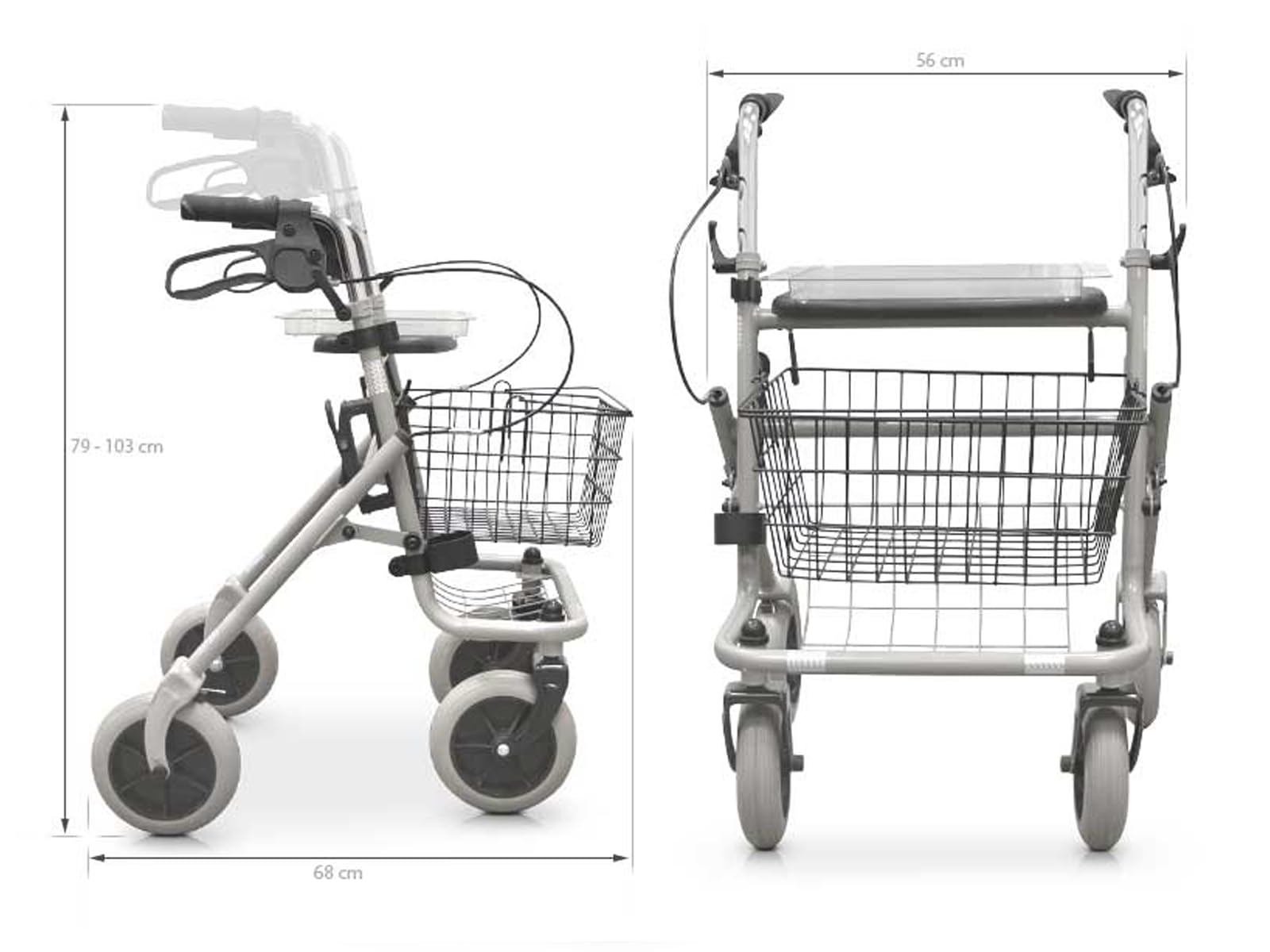 QUIRUMED - Andador con Bandeja y Canasto | Soporte para Bastón | Alta Capacidad de Carga | Ajustable en Altura y Plegable | Ideal para Personas Mayores, Gris