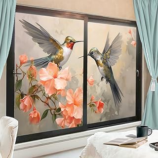 Green Hummingbird Stained Glass Window Film Yellow Flower Vintage Style Animal Theme Privacy Window Film Non-Adhesive Glass Film Decorative Static Cling Film for Home Office 17.7Wx23.6L-inch x2 Pcs