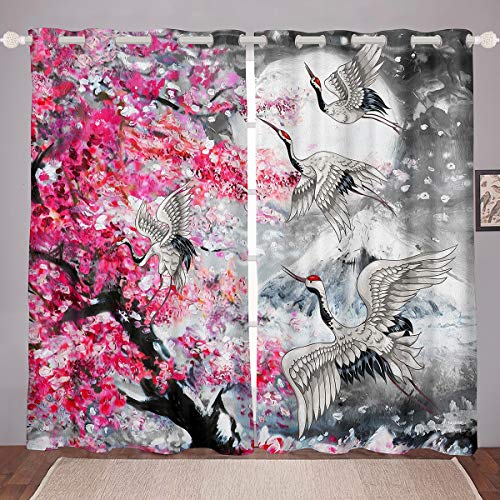 Crane Print Window Curtains For Bedroom Living Room Teen Chic Japanese Ukiyoe Curtains Youth Men Watercolor Hokusai Pattern Window Drapes Japanese Style Decor Window Treatments，38 X 45 Inches，2 Panels #TOP10