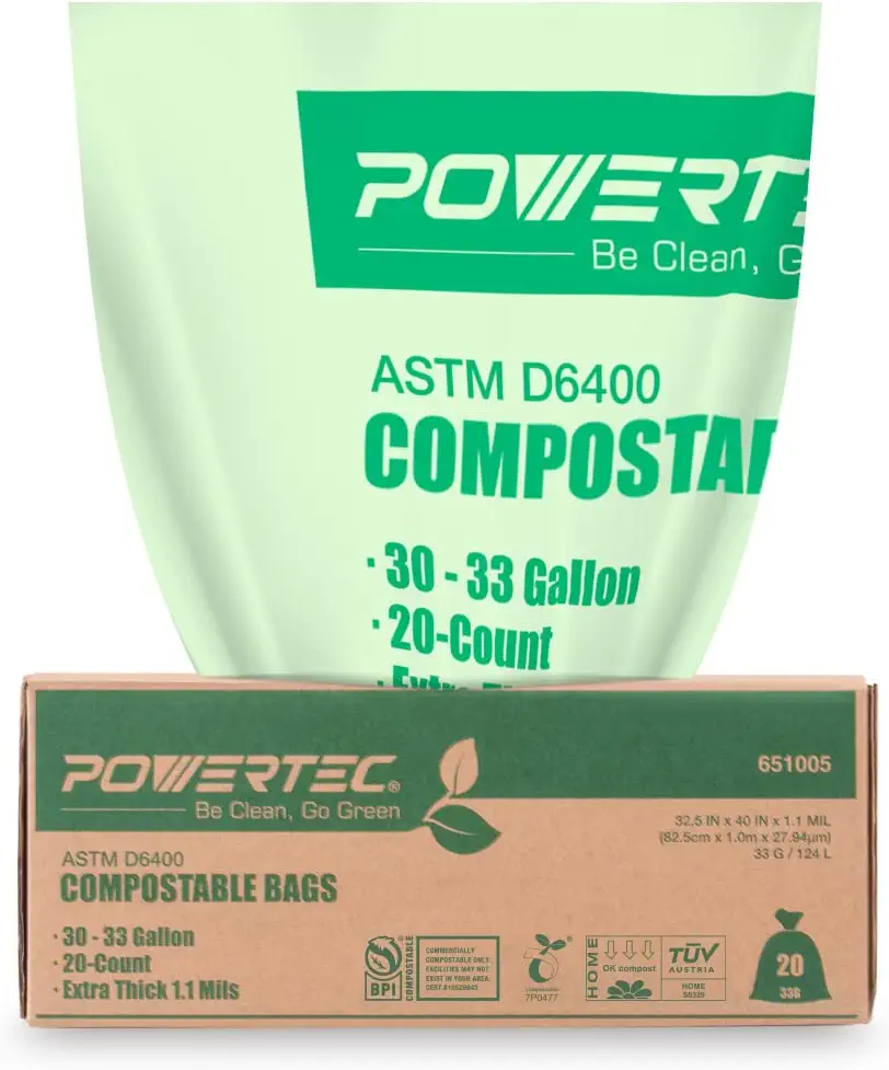 POWERTEC 100% Compostable Bags, 33 Gallon (124 Liter), 20 Count | Extra Thick 1.1 Mil Kitchen Food Scrap Waste Bags, ASTM D6400, US BPI and European OK Compost Home Certified