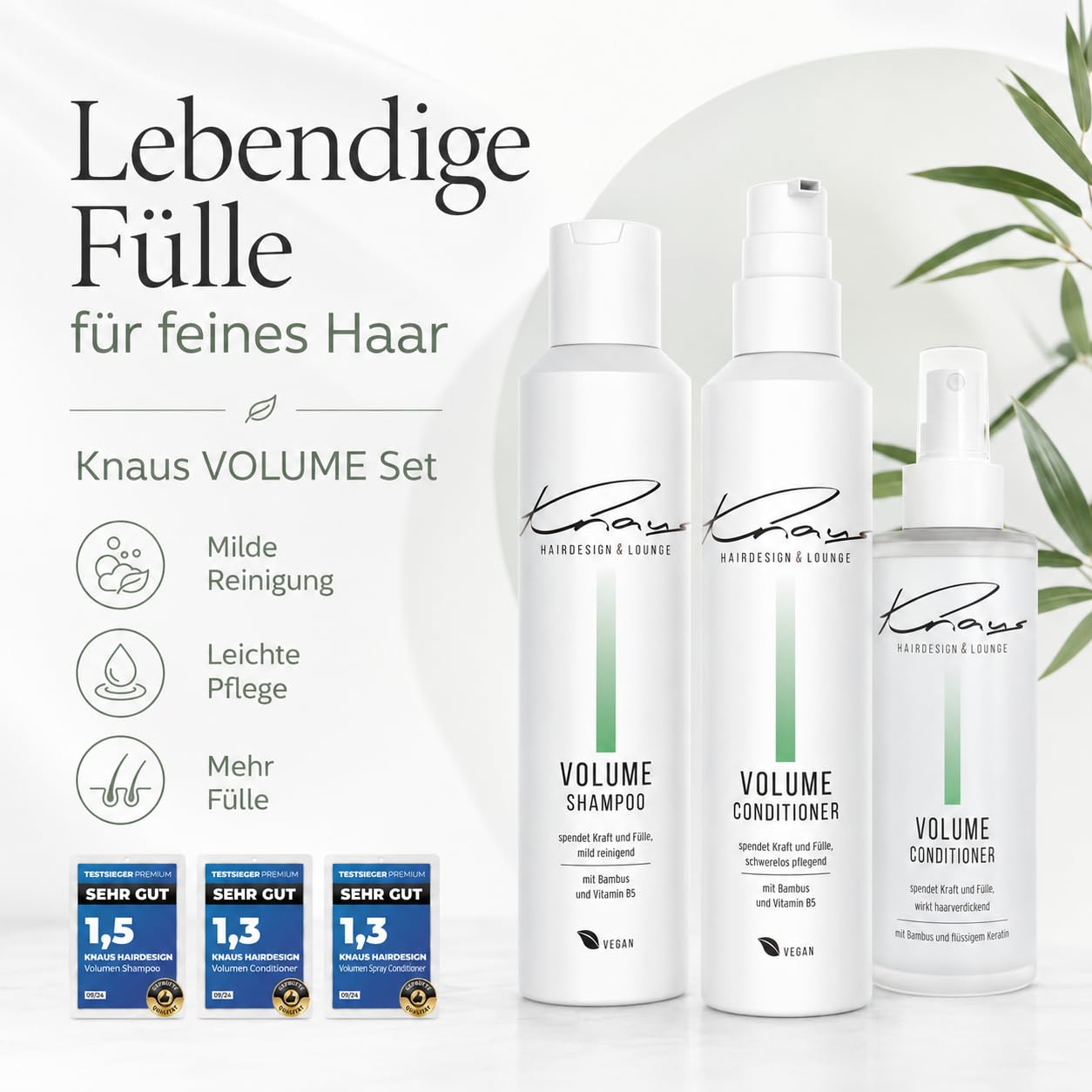 Knaus Volume Set 3-teilig - Friseur Shampoo Conditioner und Energy Spray mit Bambus, Vitamin B5 und Keratin für feines Haar, gegen kraftloses dünnes Haar, vegan, 2x200ml plus 100ml