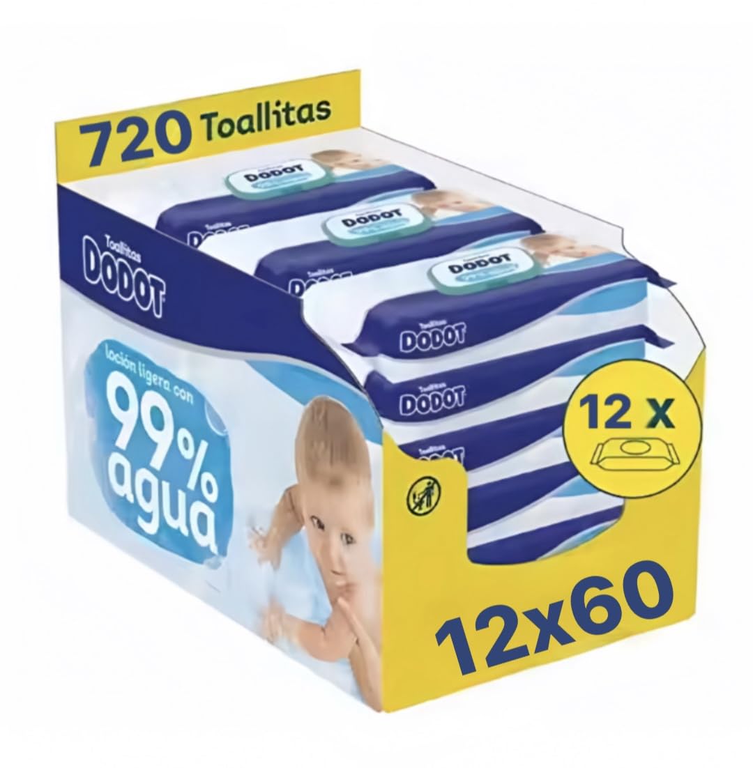 Dodot Toallitas Húmedas Bebé 99% Agua con Loción Ligera Pack 12 x 60 Toallitas (720 Toallitas) | Sin Alcohol ni Perfume | pH Natural | Dermatológicamente Testadas | Piel Sensible y Recién Nacidos