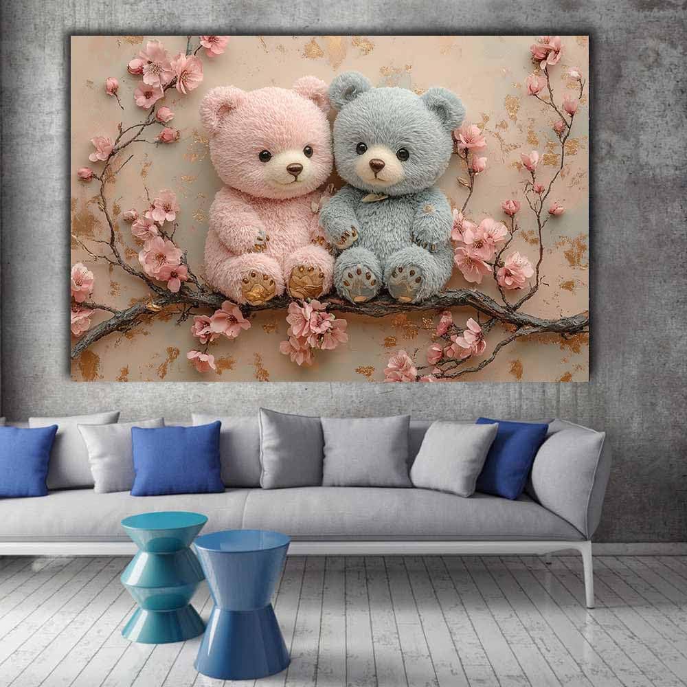 WQBQKKX Rosa-Grauer Teddybär-Leinwandbild, Blumen-Spielzeug-Print, Süß Kawaii für Kinderzimmer Schlafzimmer(Y)-50x70cm Gerahmt