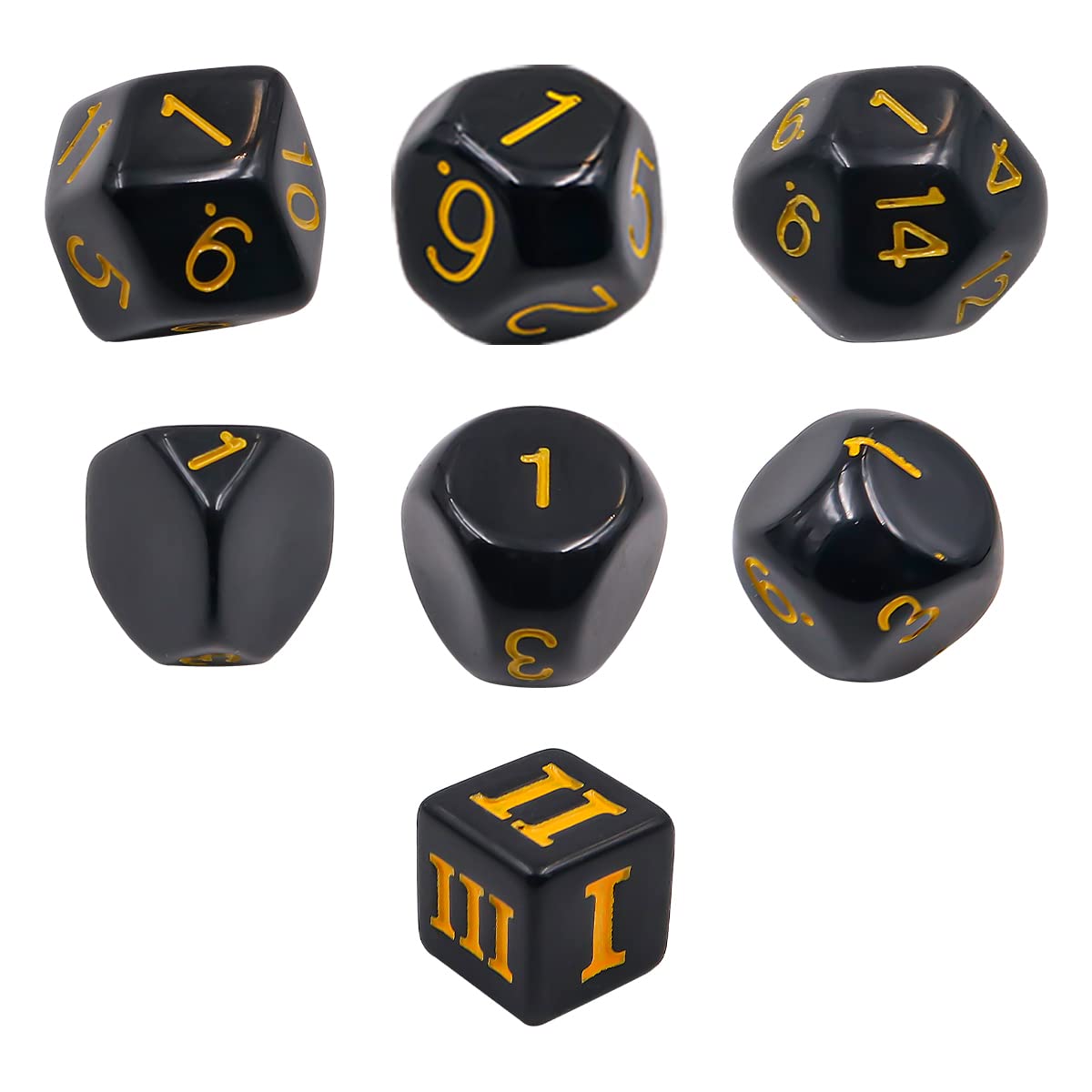 DollaTek Set completo di dadi poliedrici D3-D100, 15 pezzi, per giochi di ruolo, da tavolo, neri e gialli