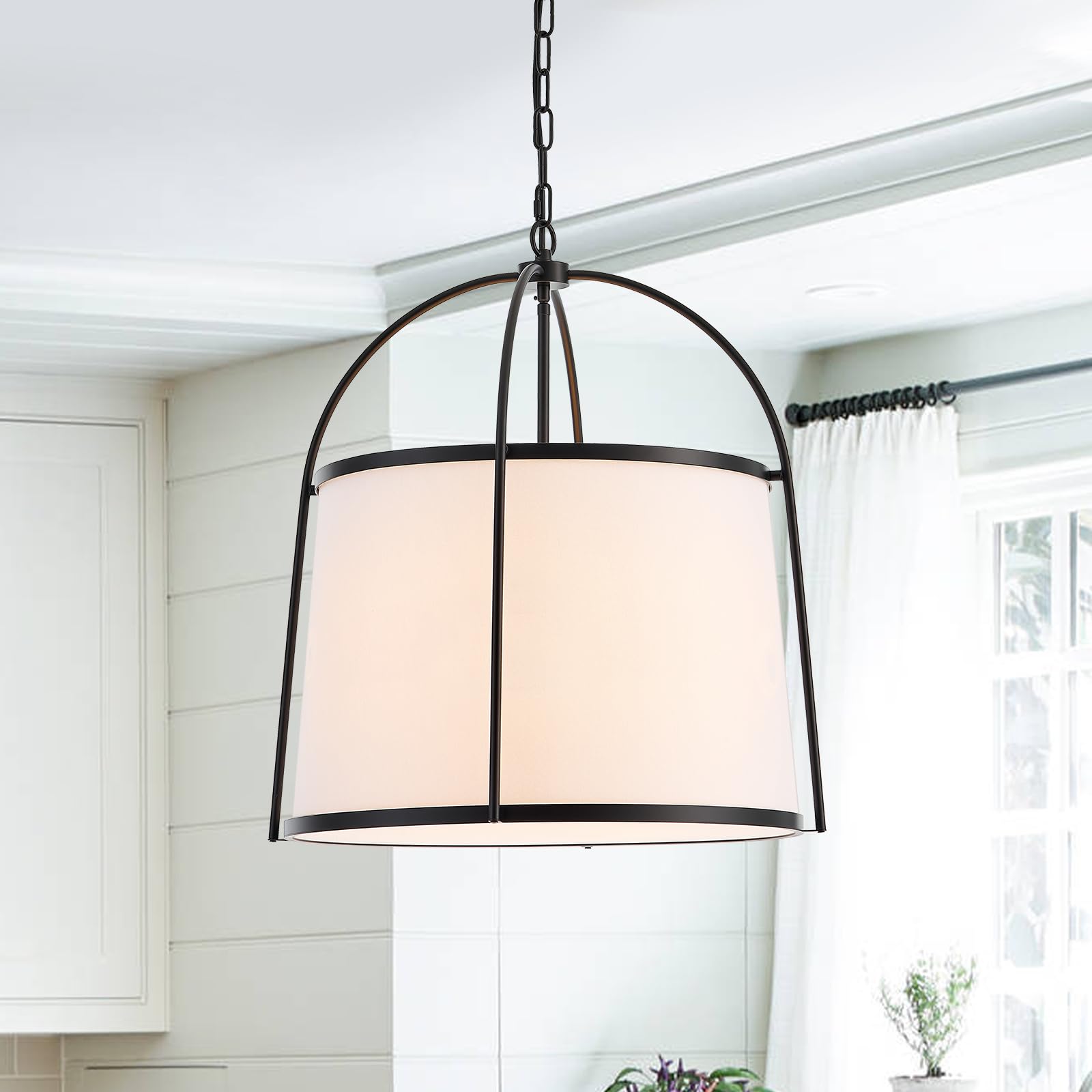 Photo 1 of VANZARLA Rustic Modern Chandelier for Entryway, Dining Room Chandelier with Off-White Fabric Shade, Black Pendant Light Fixture for Bedroom Kitchen Farmhouse