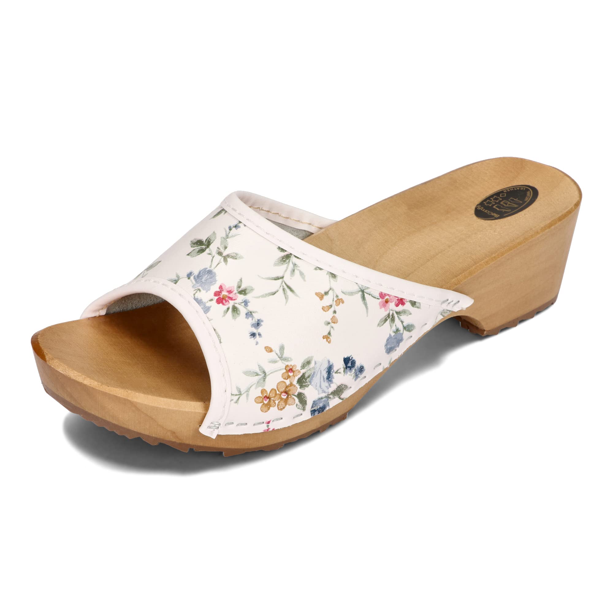 BeComfy Sabots en Cuir pour Femme avec imprimé Sandales Clogs Mules à Talons en Bois Couleurs mélangées Model VK10